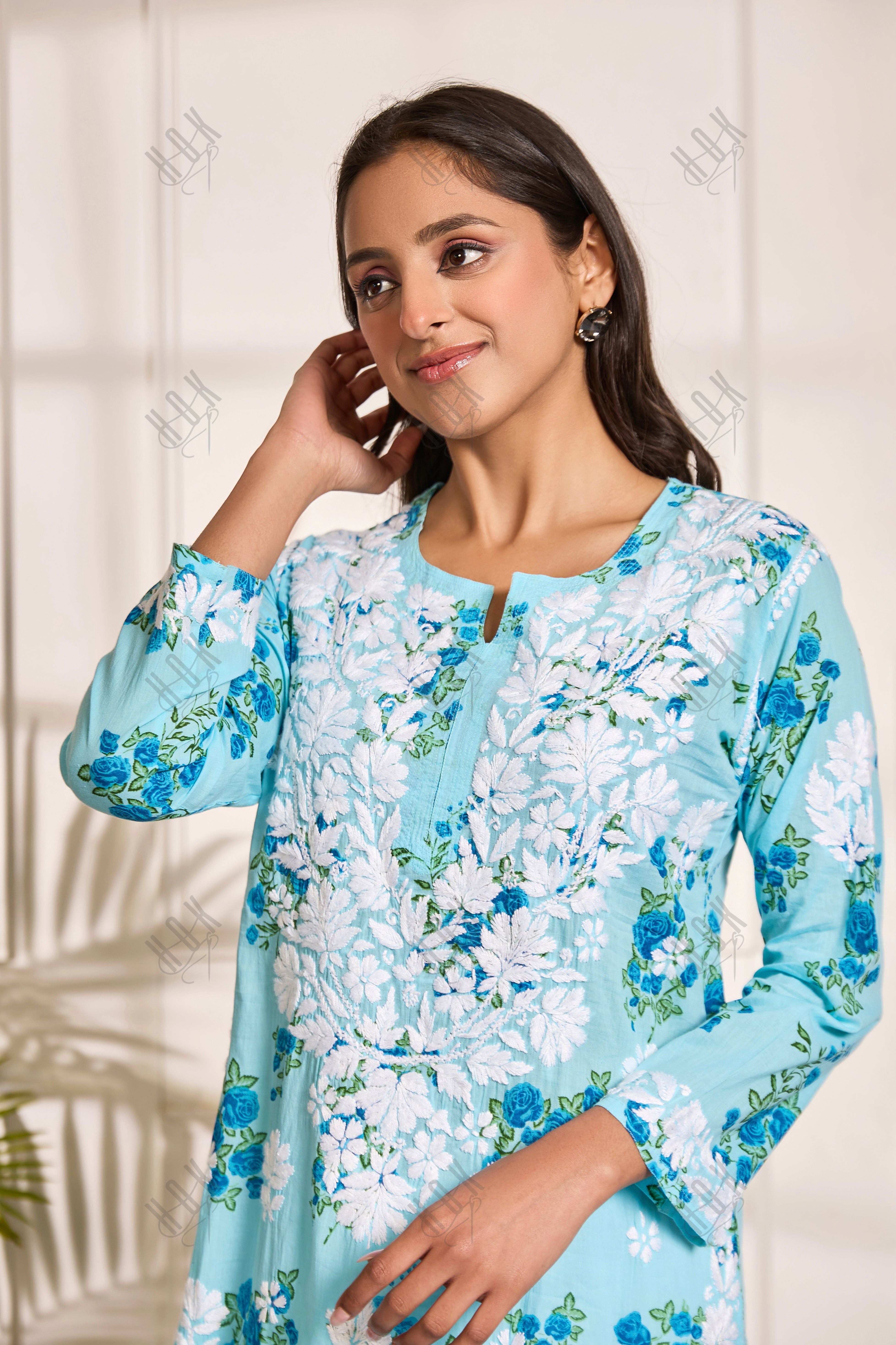 Saba Chikankari Kurta in Mul cotton in Aqua Blue