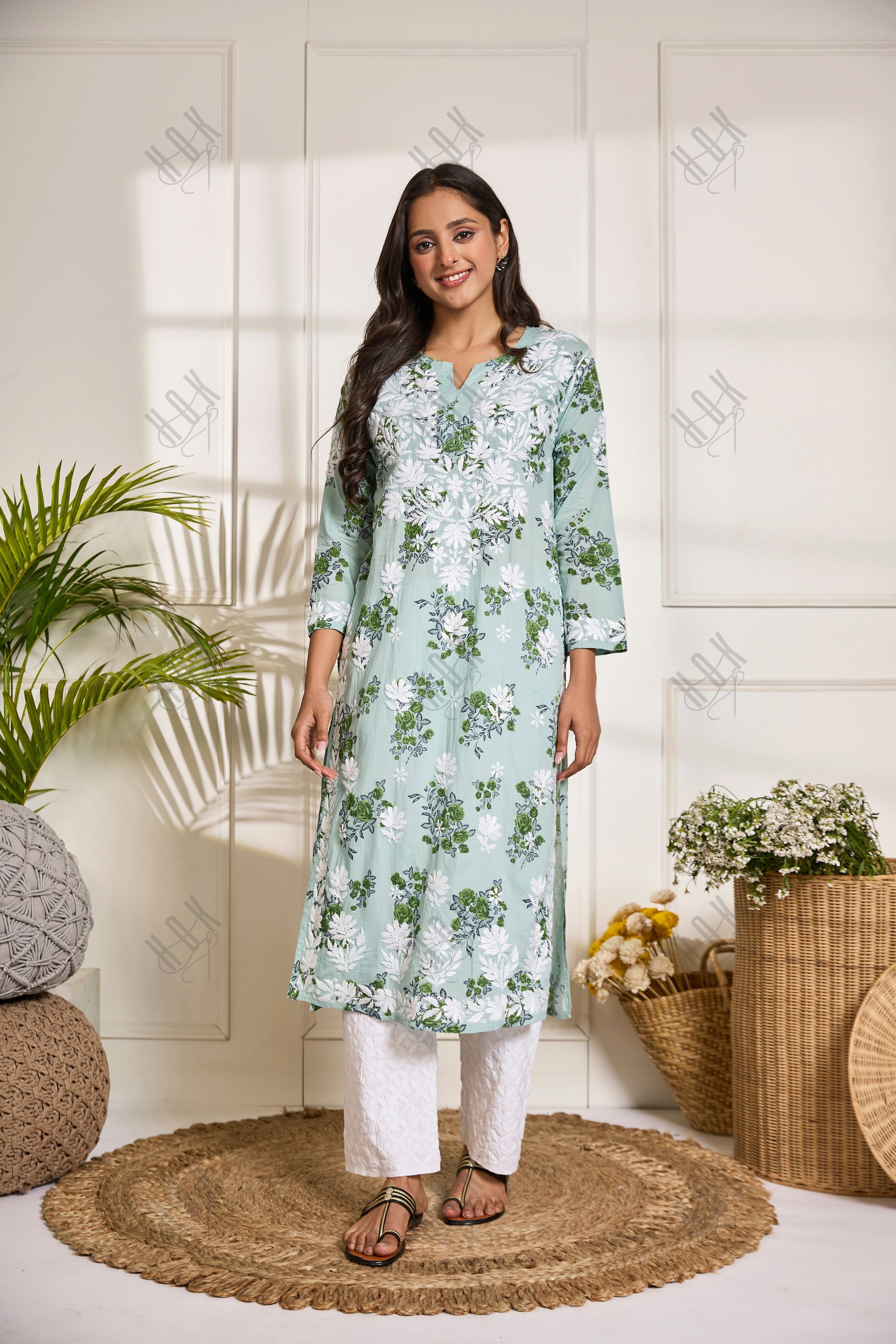 Saba Chikankari Kurta in Mul cotton in Mint Green