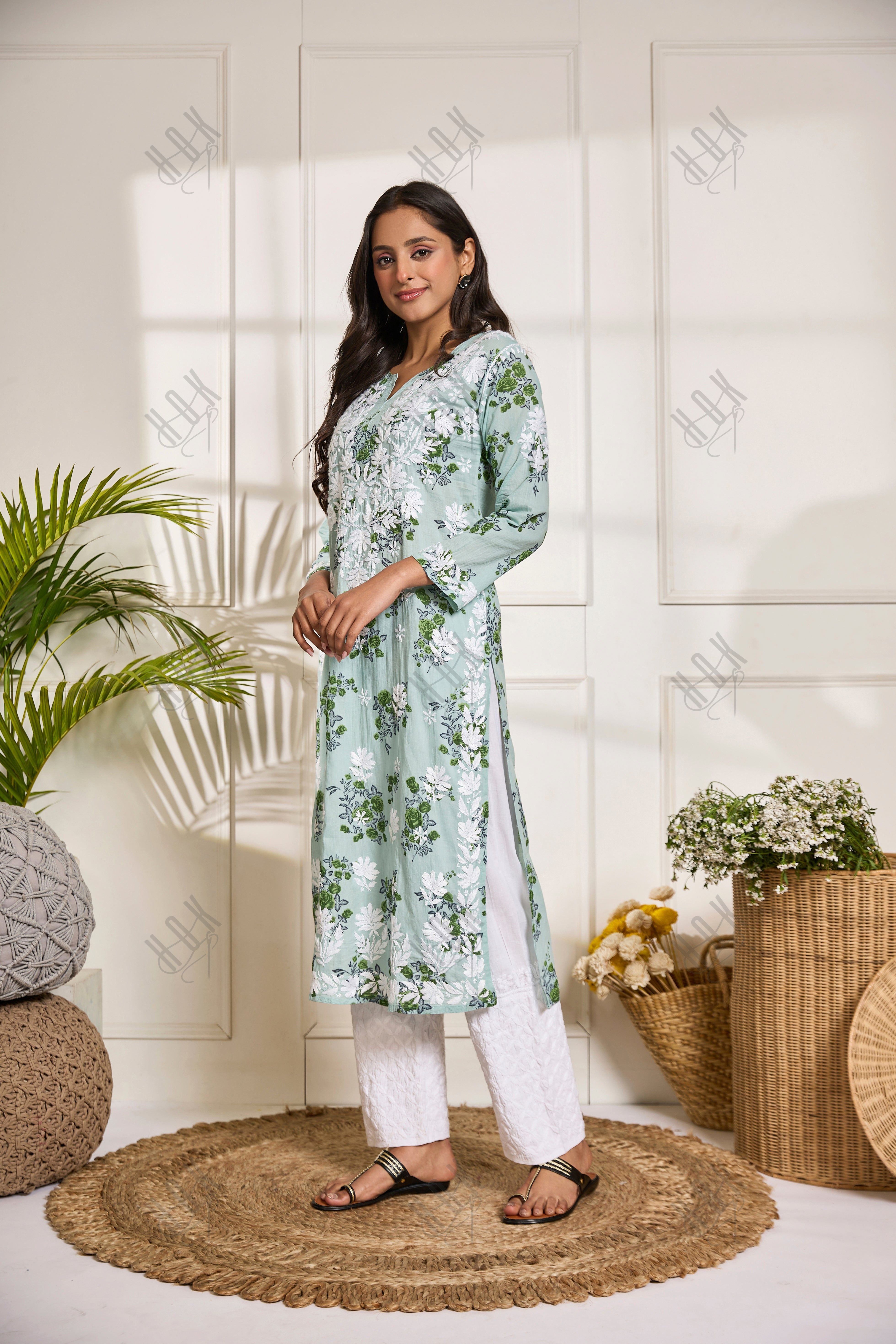 Saba Chikankari Kurta in Mul cotton in Mint Green