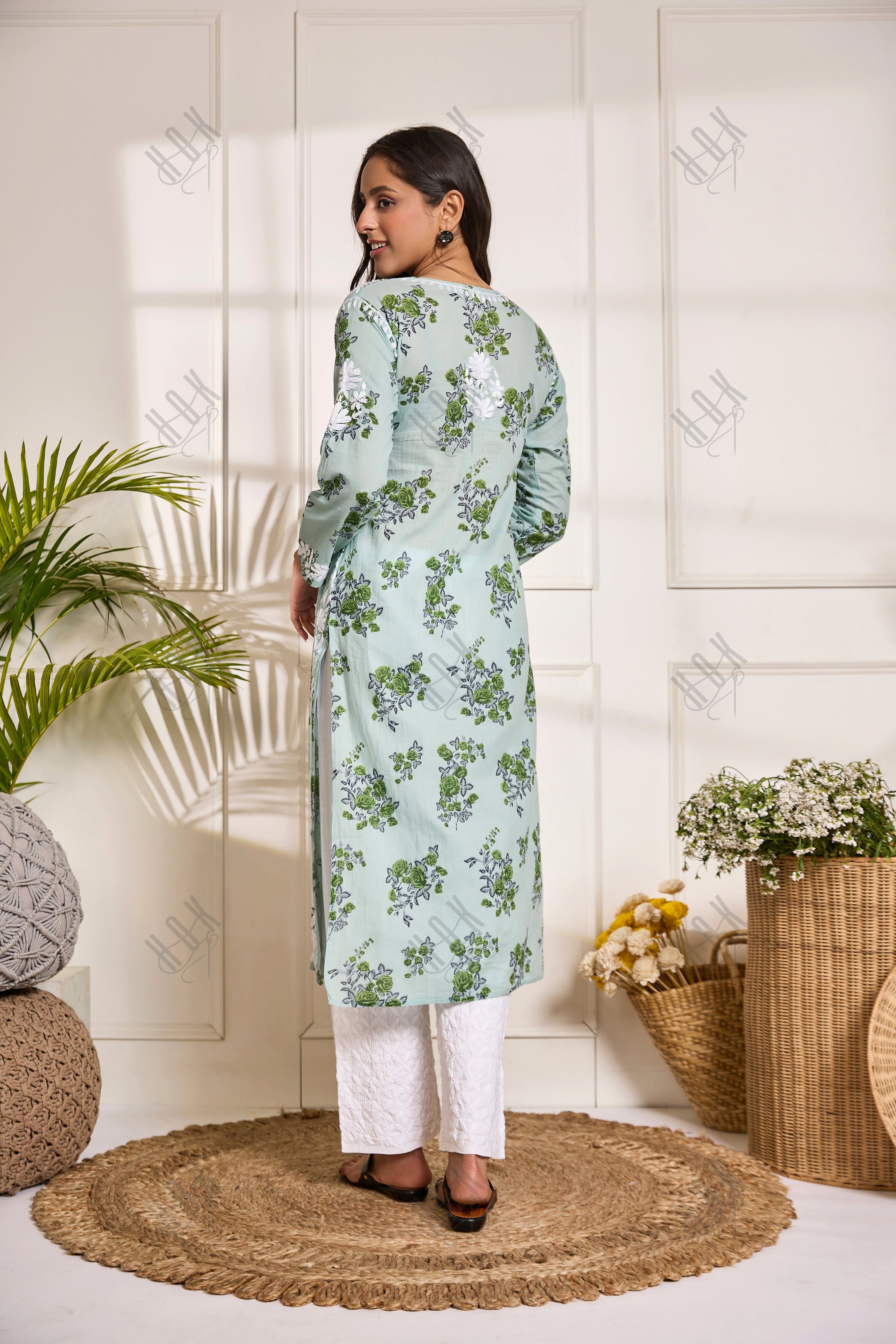 Saba Chikankari Kurta in Mul cotton in Mint Green