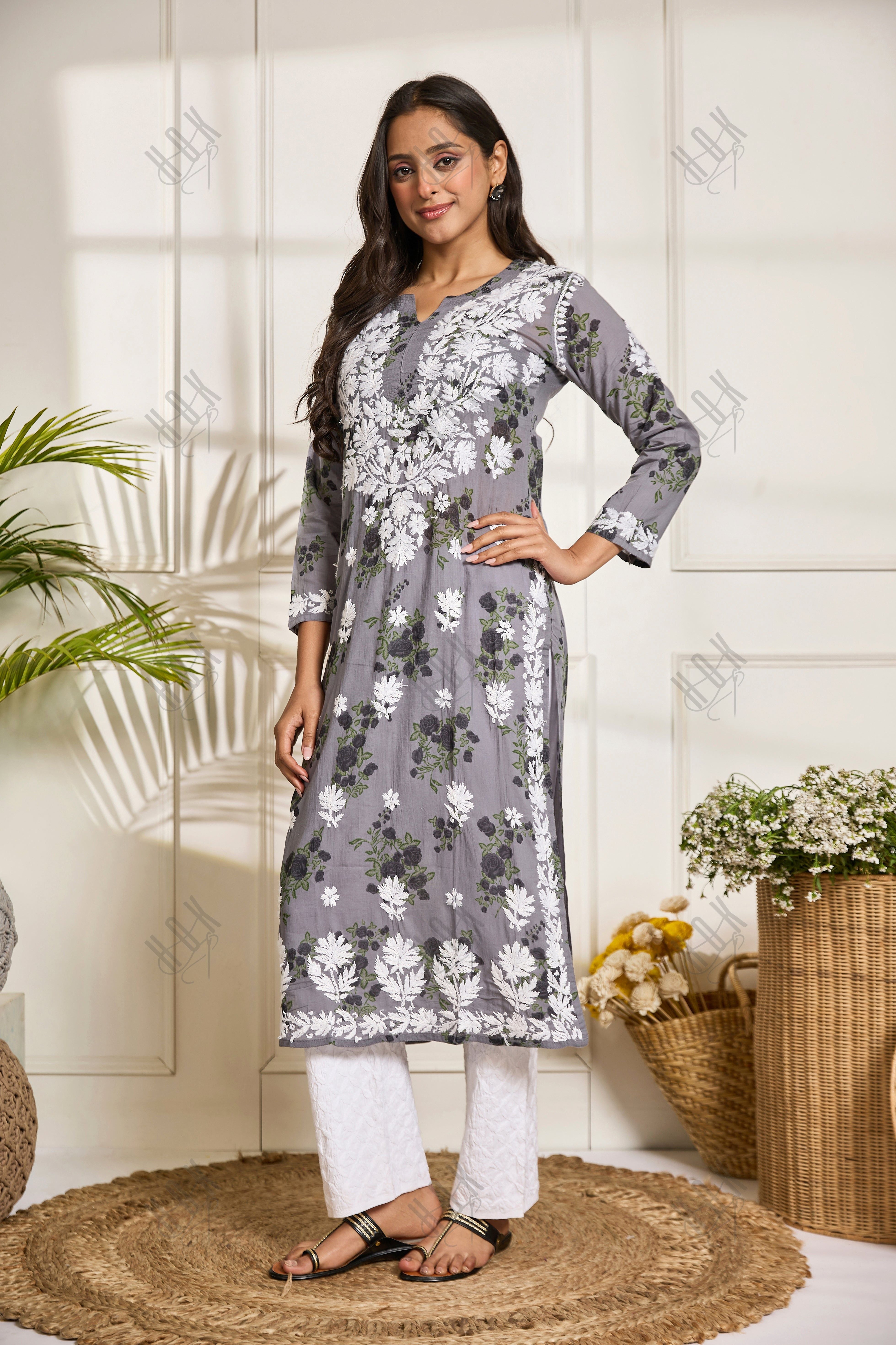 Saba Chikankari Kurta in Mul cotton in Grey print