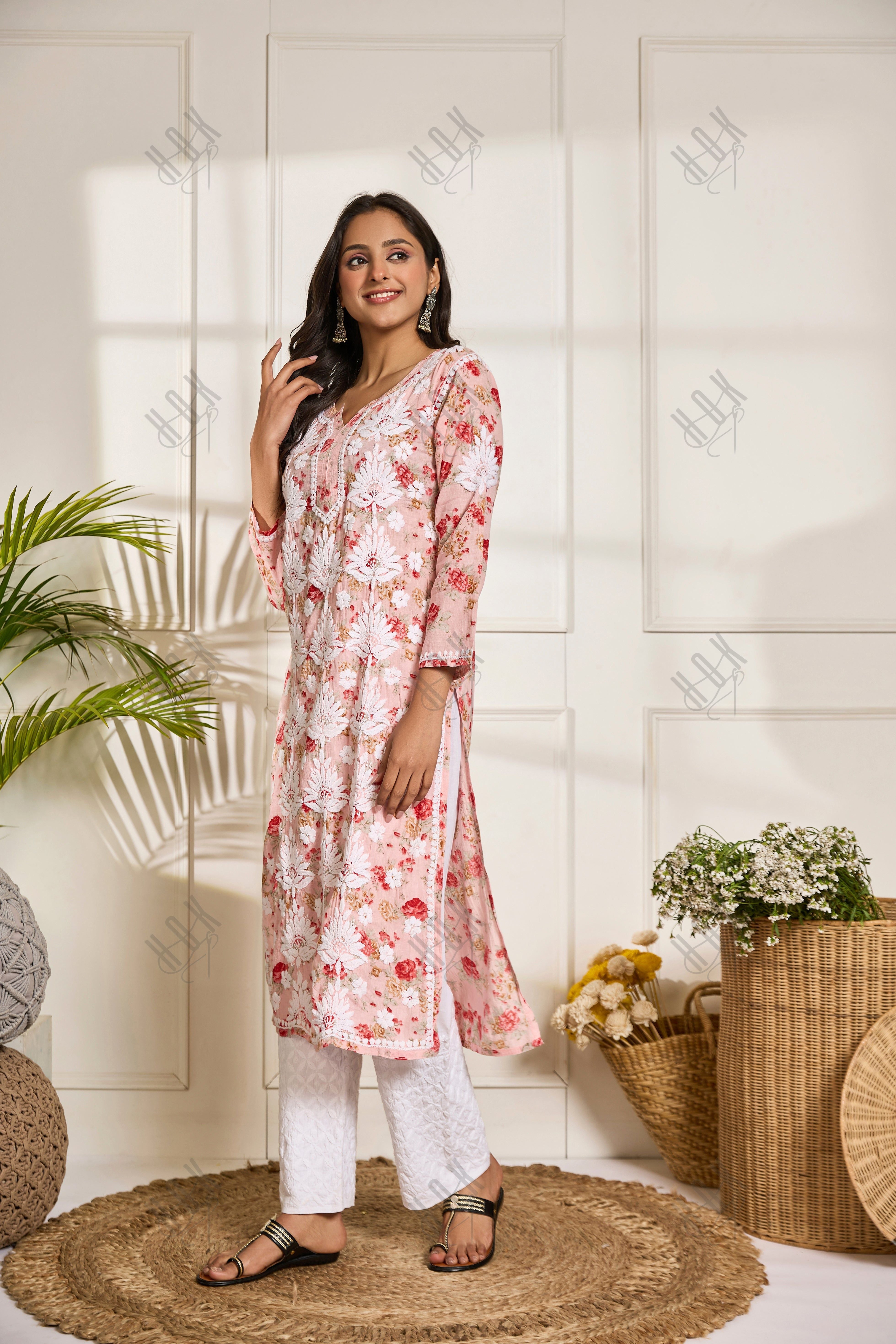 Saba Chikankari Kurta in Mul cotton in Baby Pink