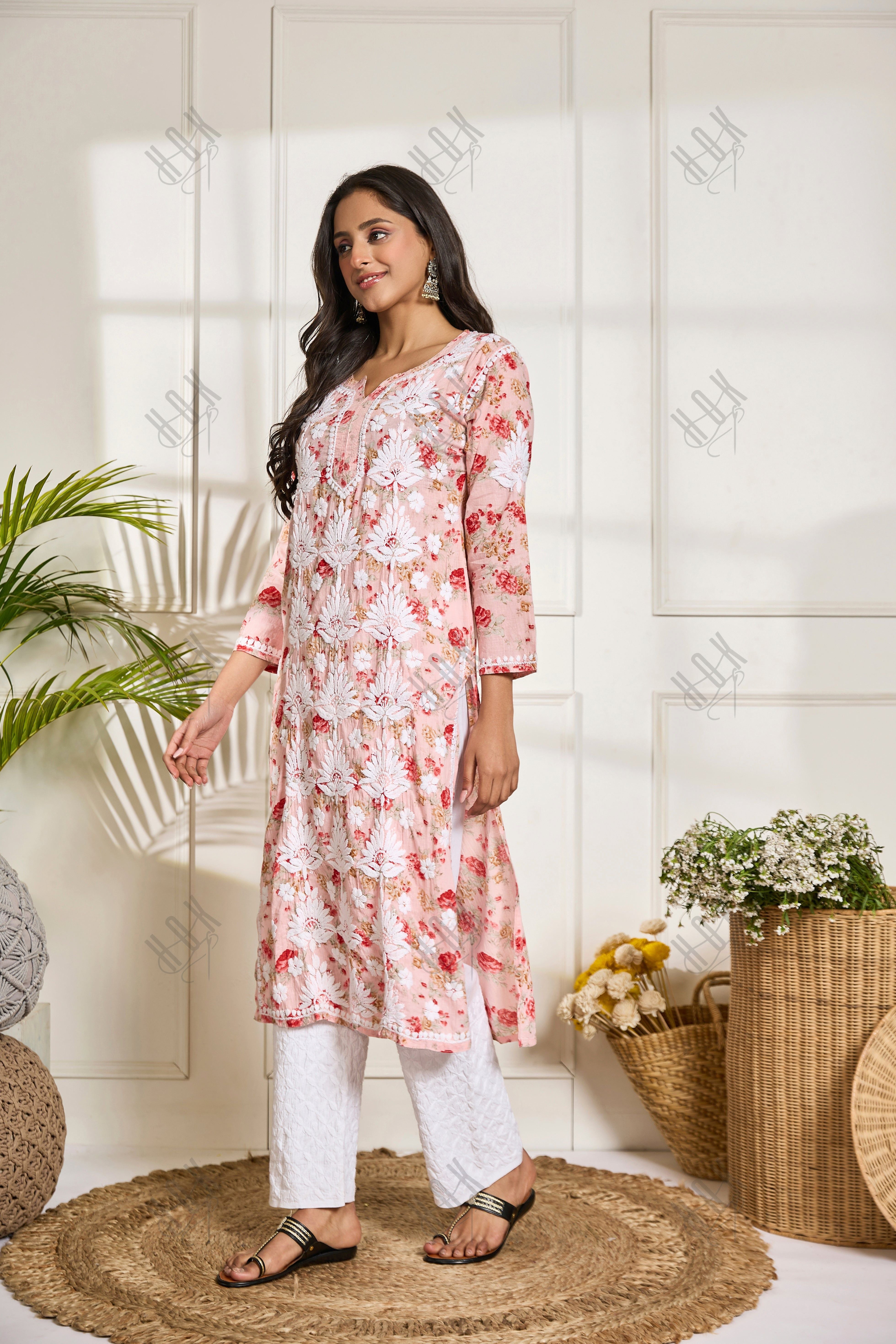 Saba Chikankari Kurta in Mul cotton in Baby Pink