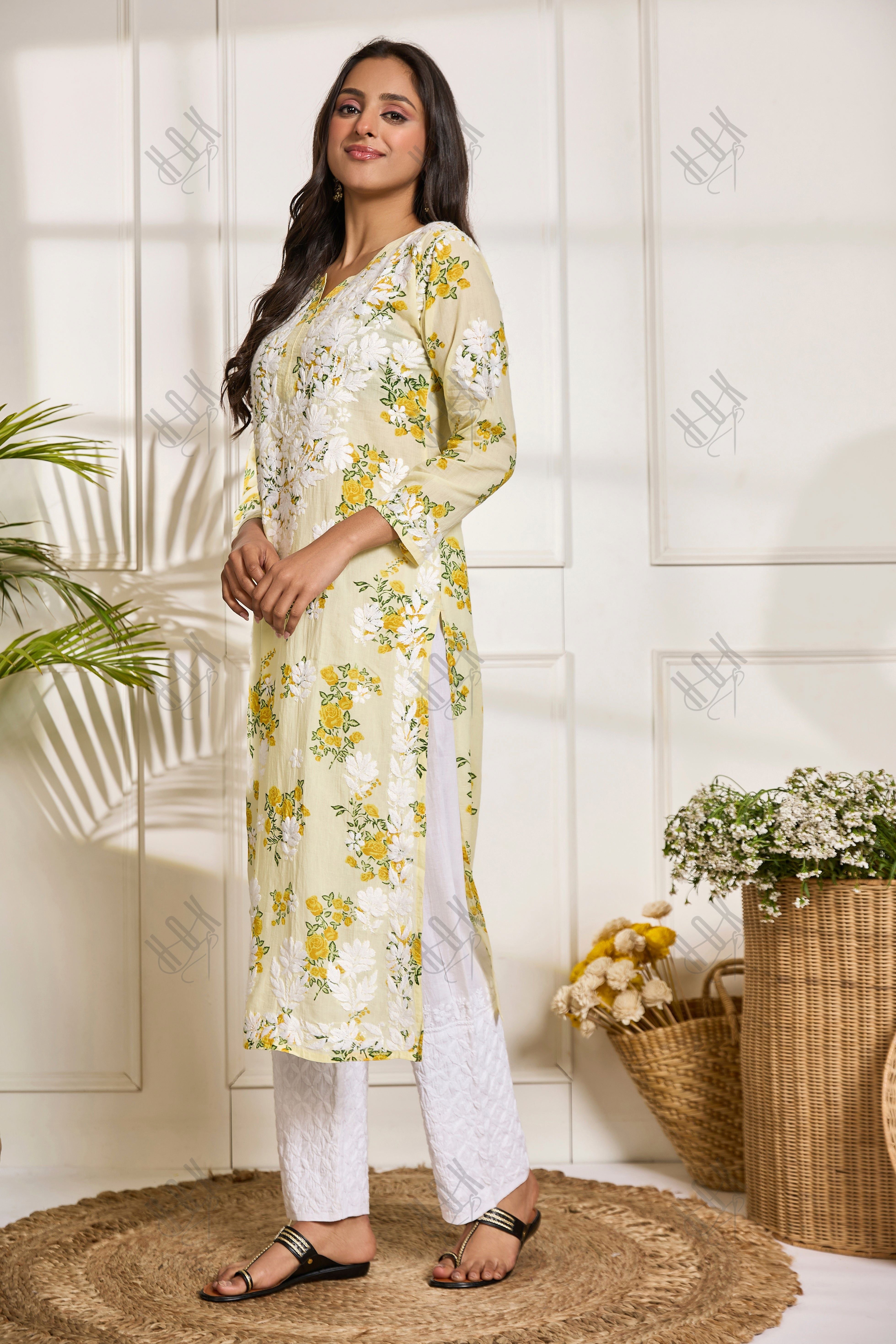 Saba Chikankari Kurta in Mul cotton in Lemon Yellow print