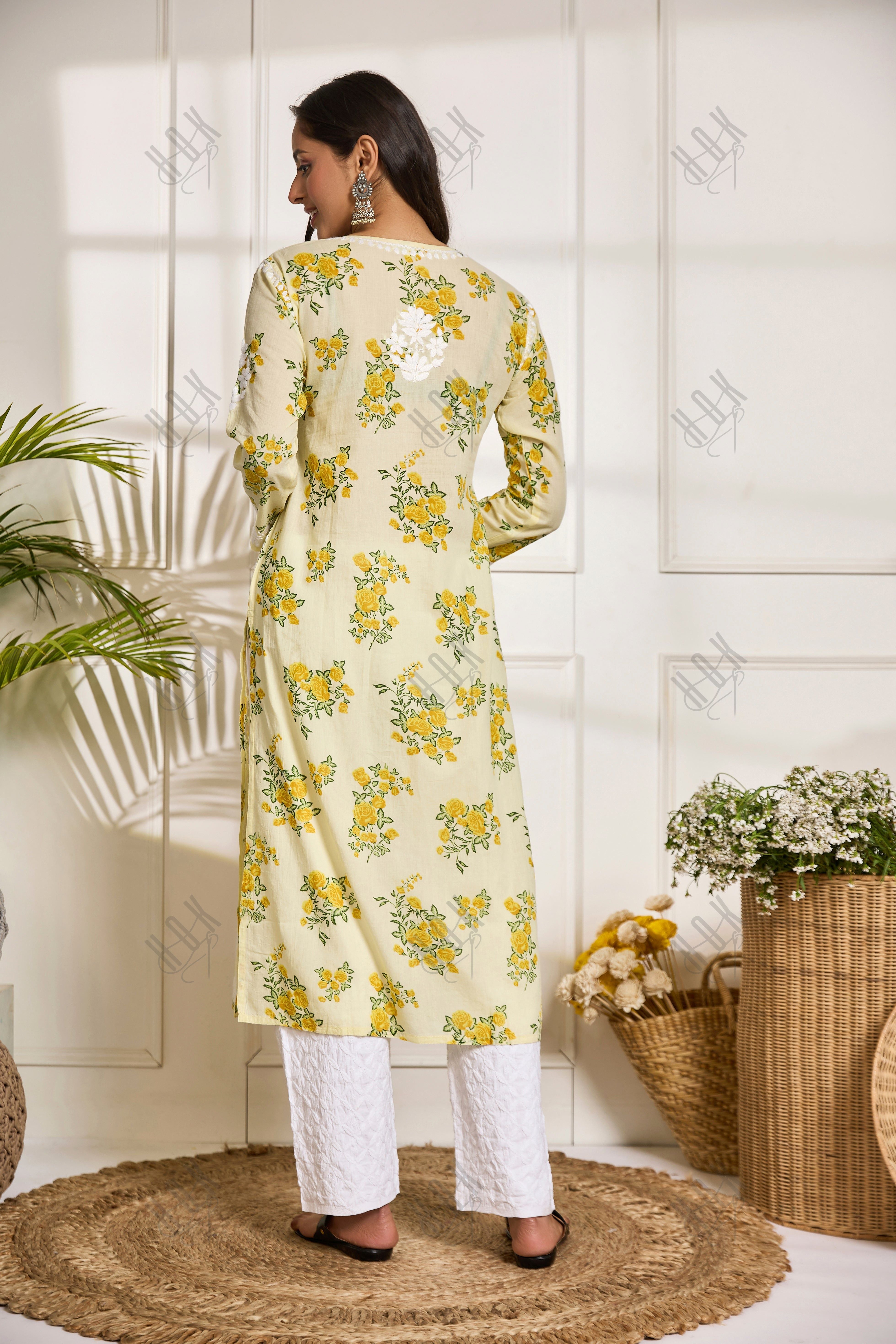 Saba Chikankari Kurta in Mul cotton in Lemon Yellow print