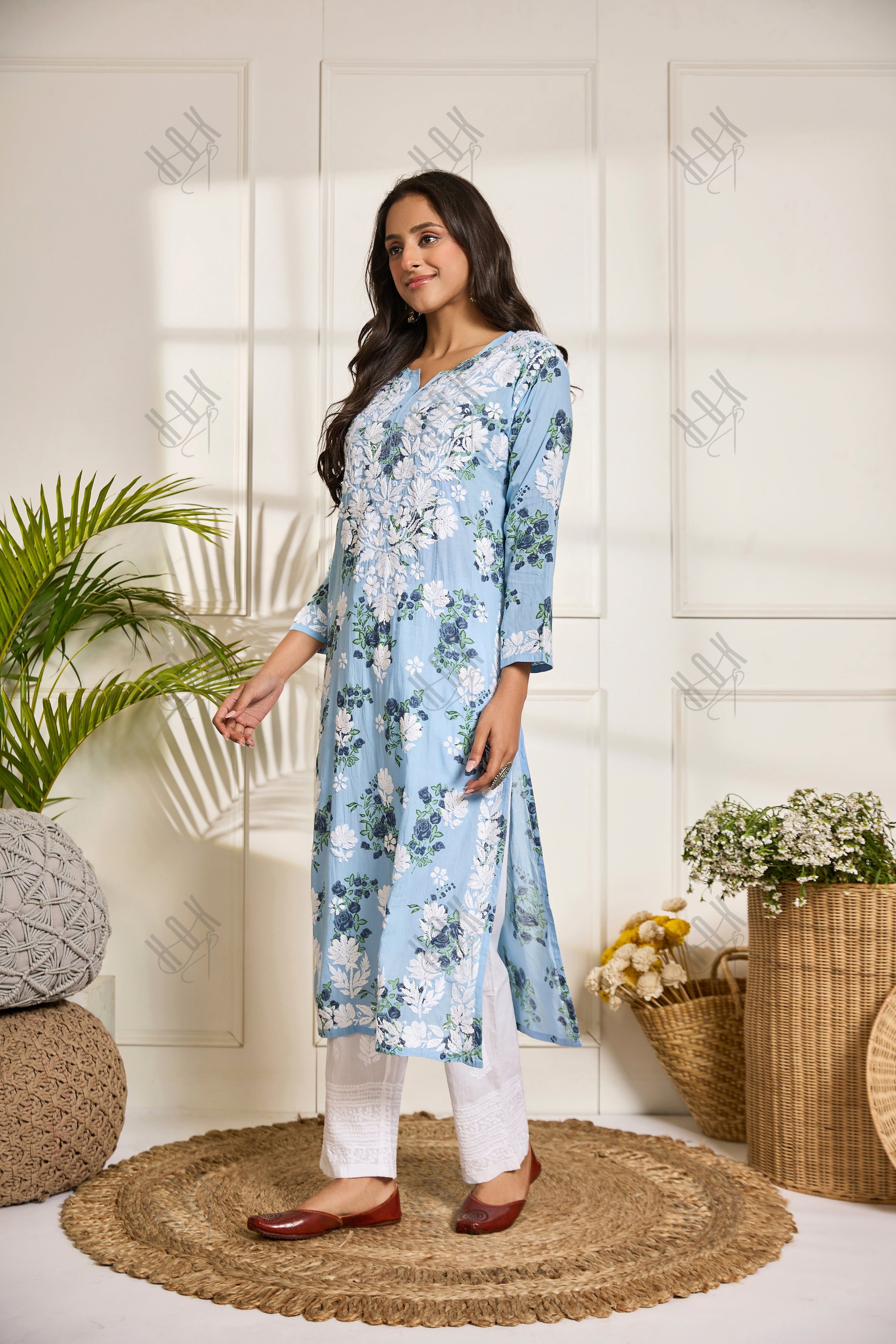 Saba Chikankari Kurta in Mul cotton in Sky Blue