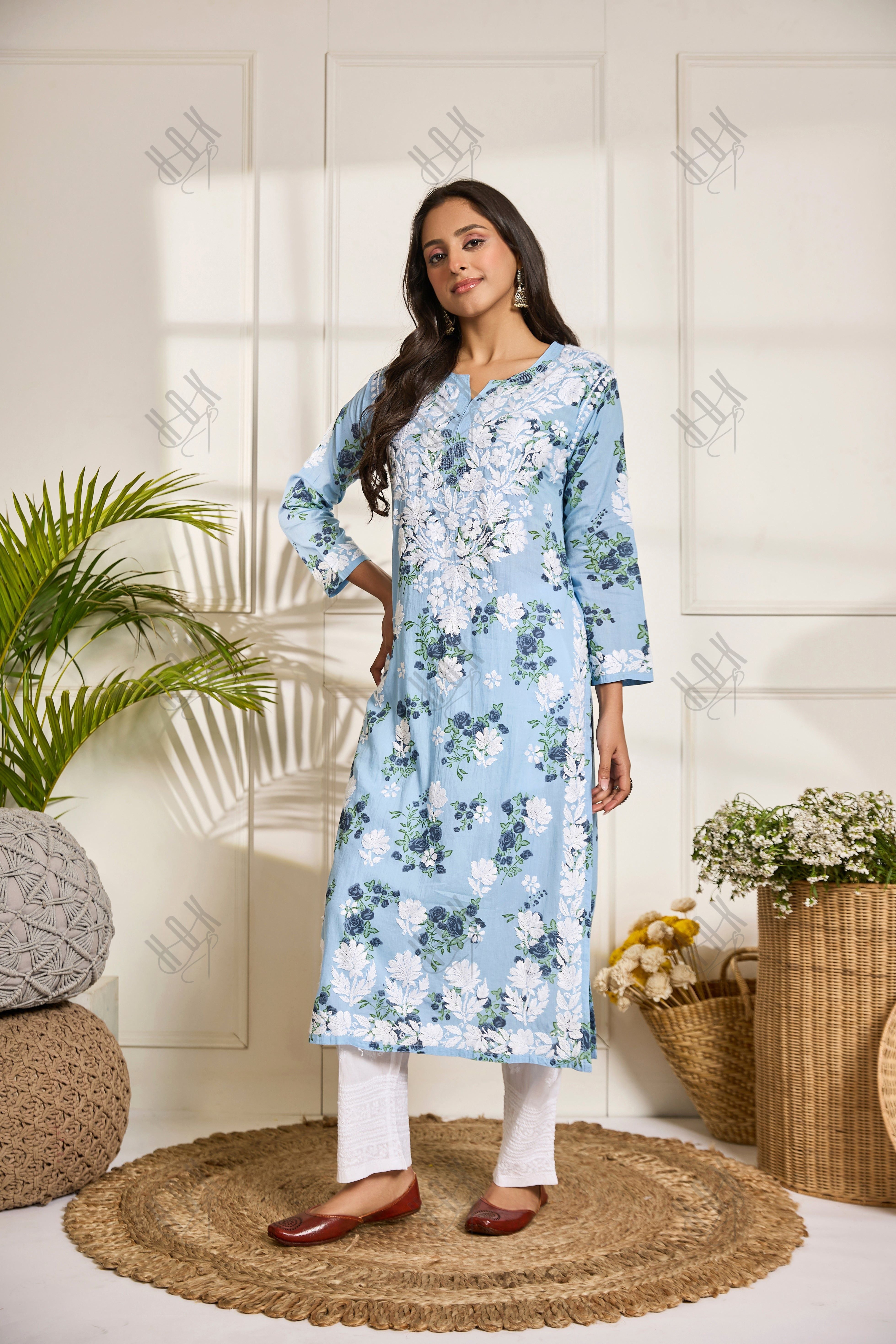 Saba Chikankari Kurta in Mul cotton in Sky Blue