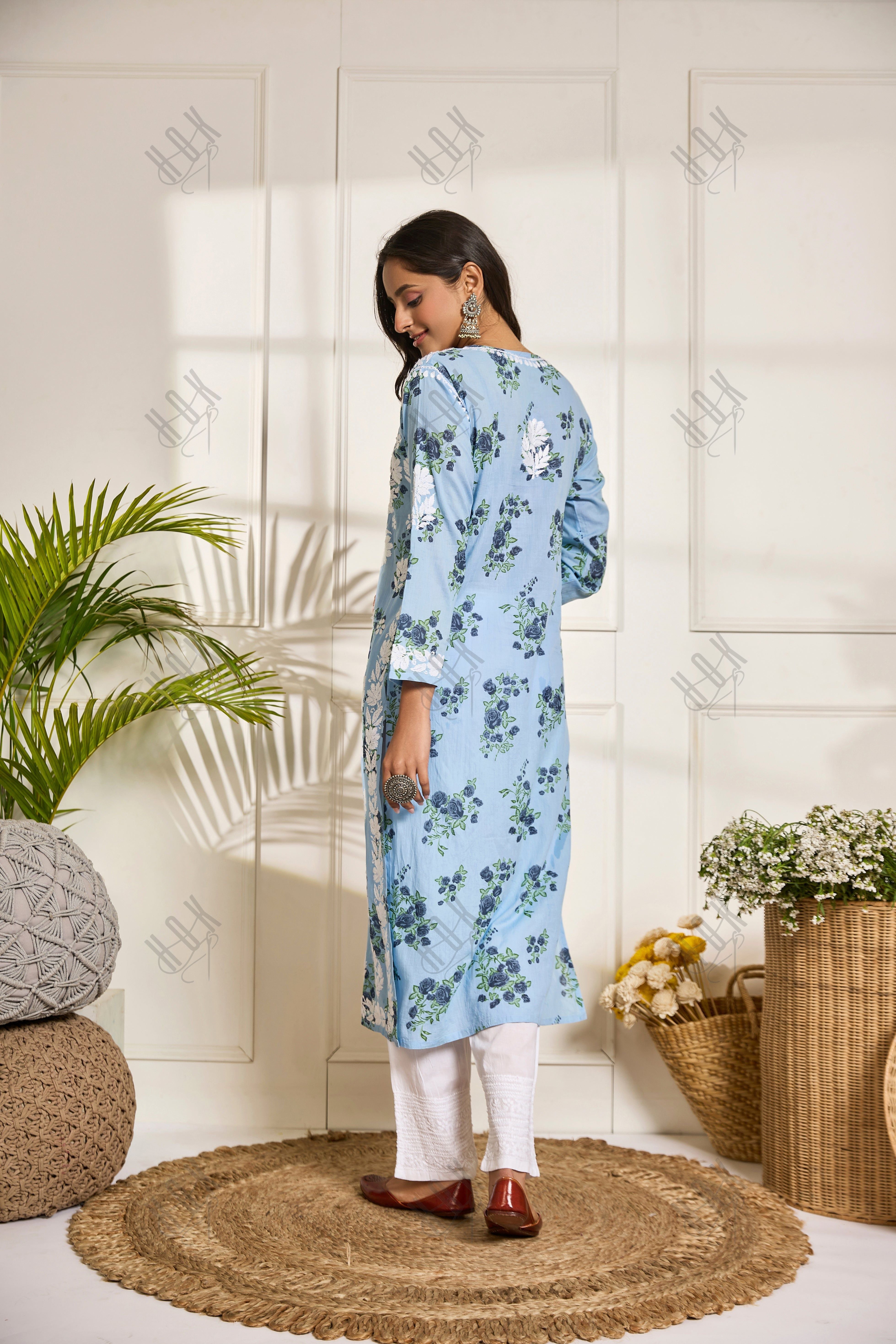 Saba Chikankari Kurta in Mul cotton in Sky Blue