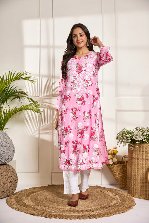 Saba Chikankari Kurta in Mul cotton in Hot Pink