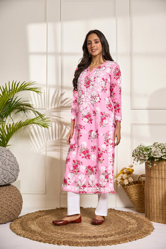 Saba Chikankari Kurta in Mul cotton in Hot Pink