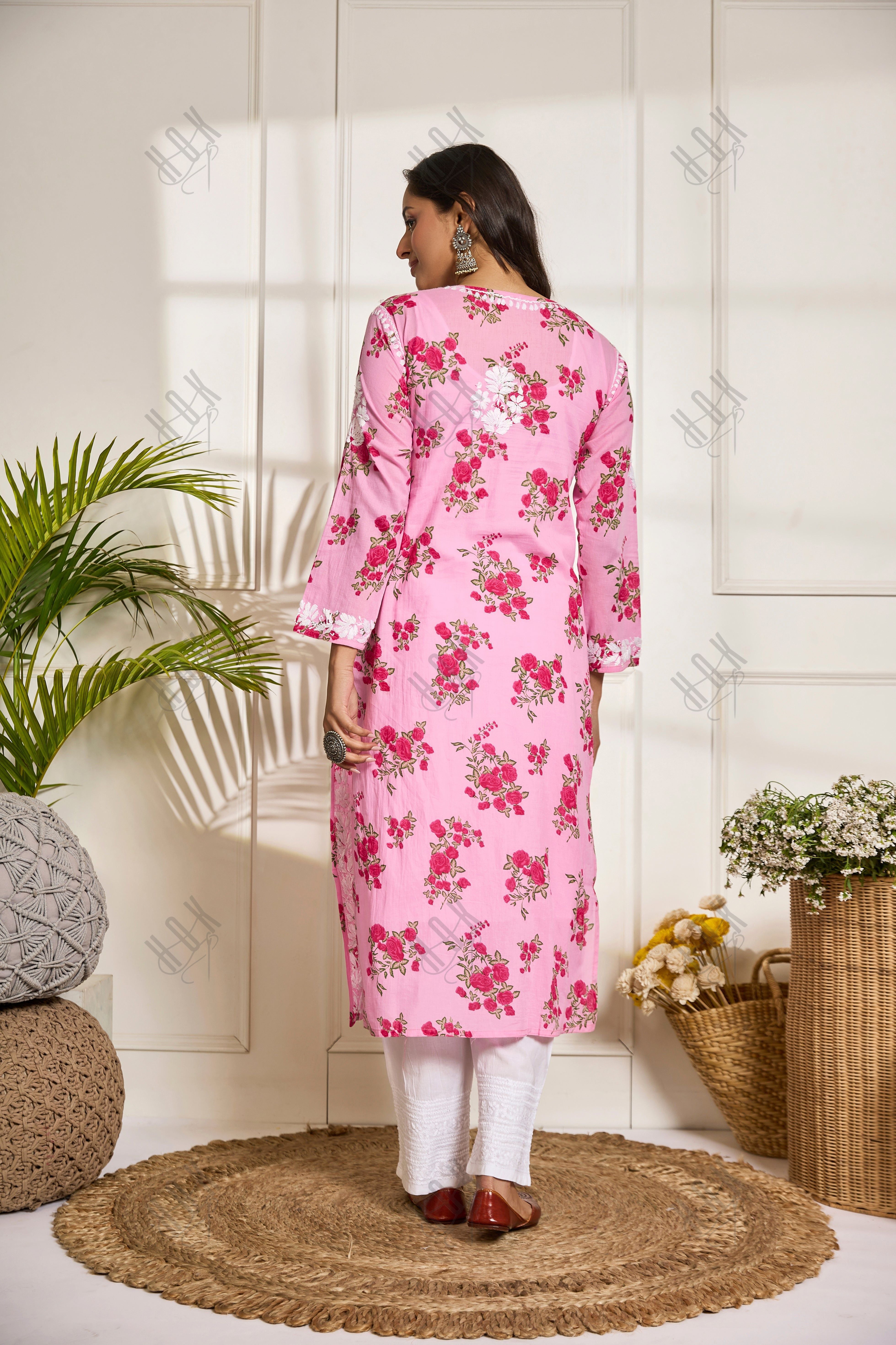 Saba Chikankari Kurta in Mul cotton in Hot Pink