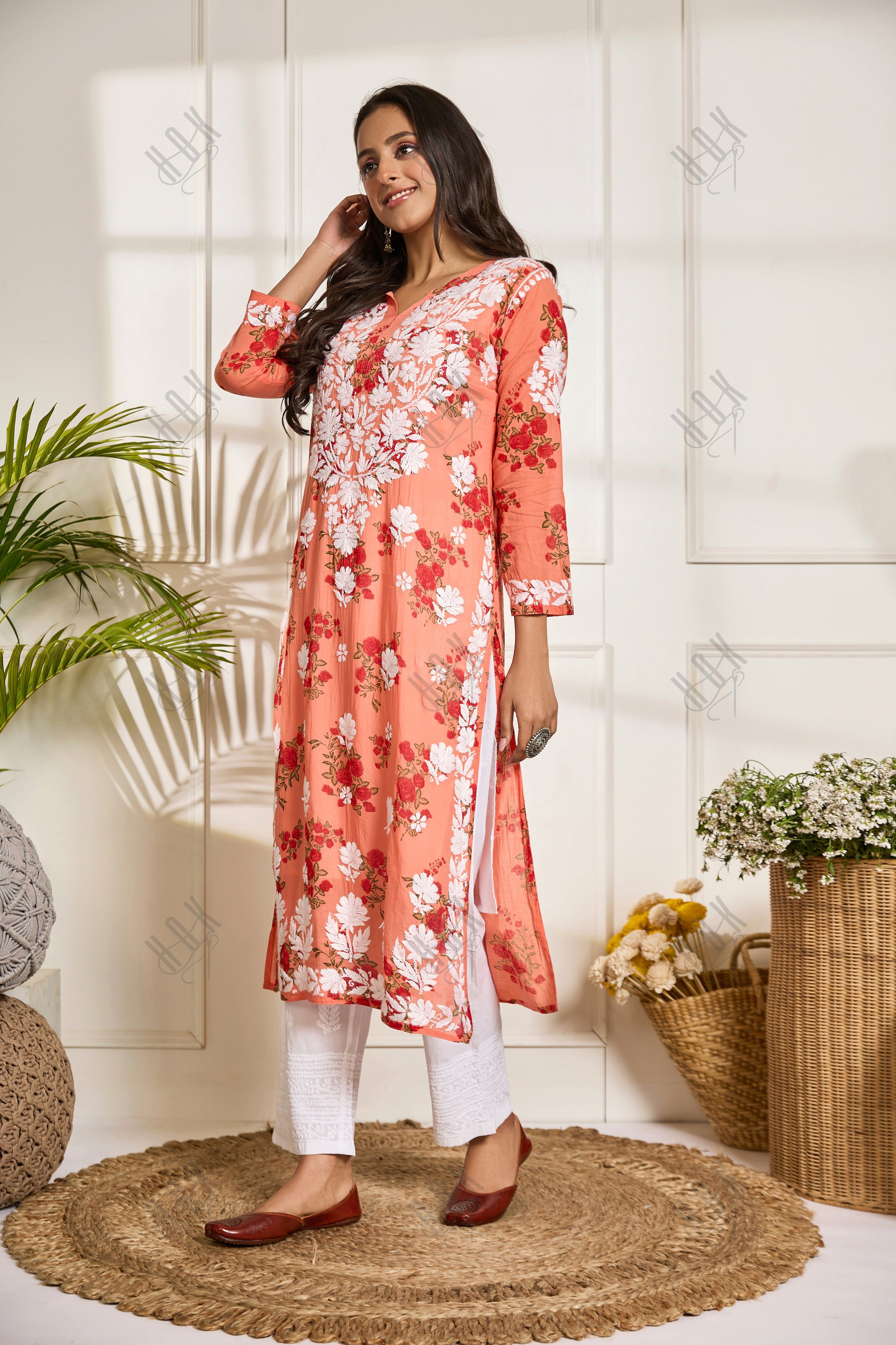 Saba Chikankari Kurta in Mul cotton in Orange