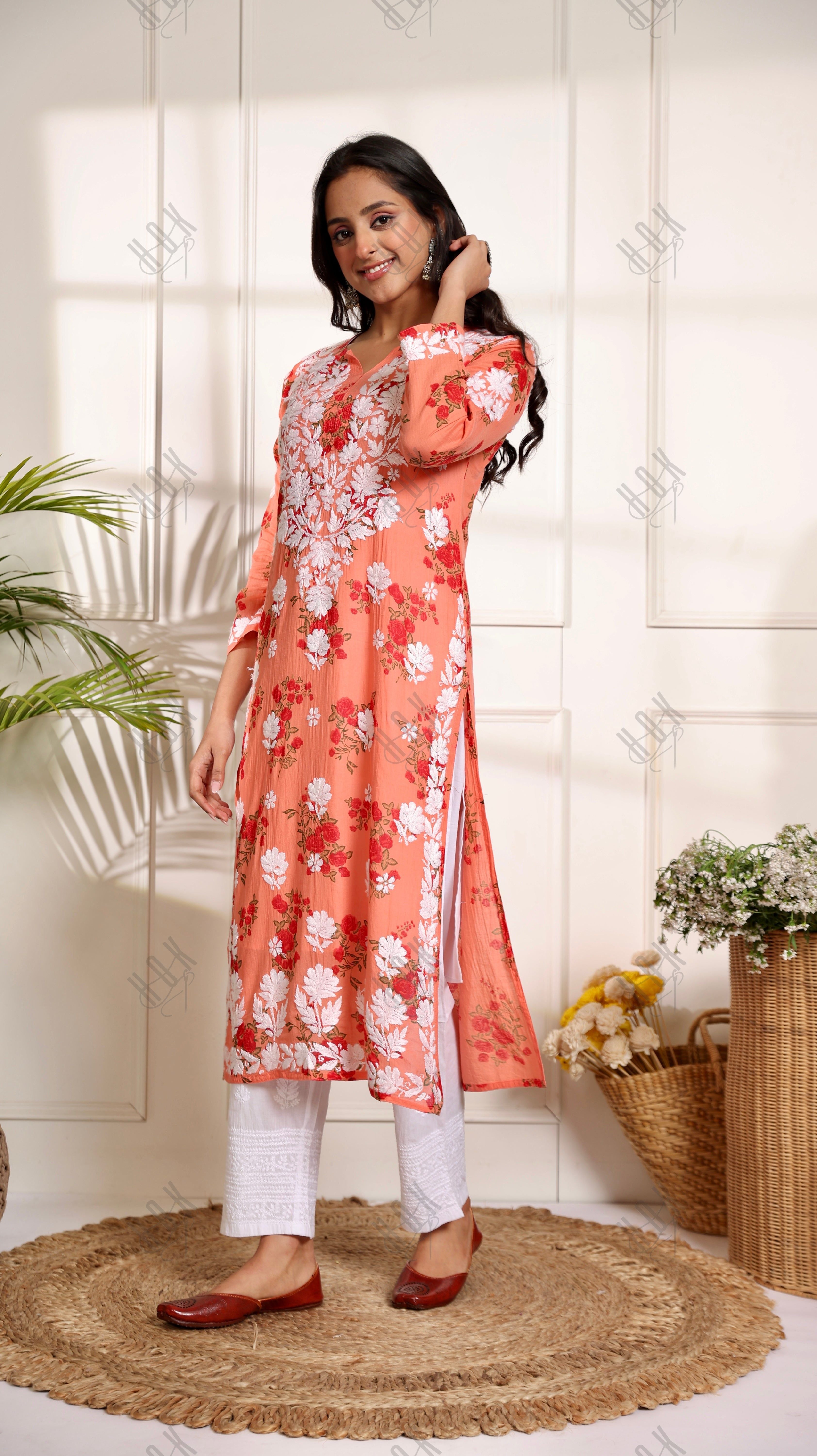 Saba Chikankari Kurta in Mul cotton in Orange