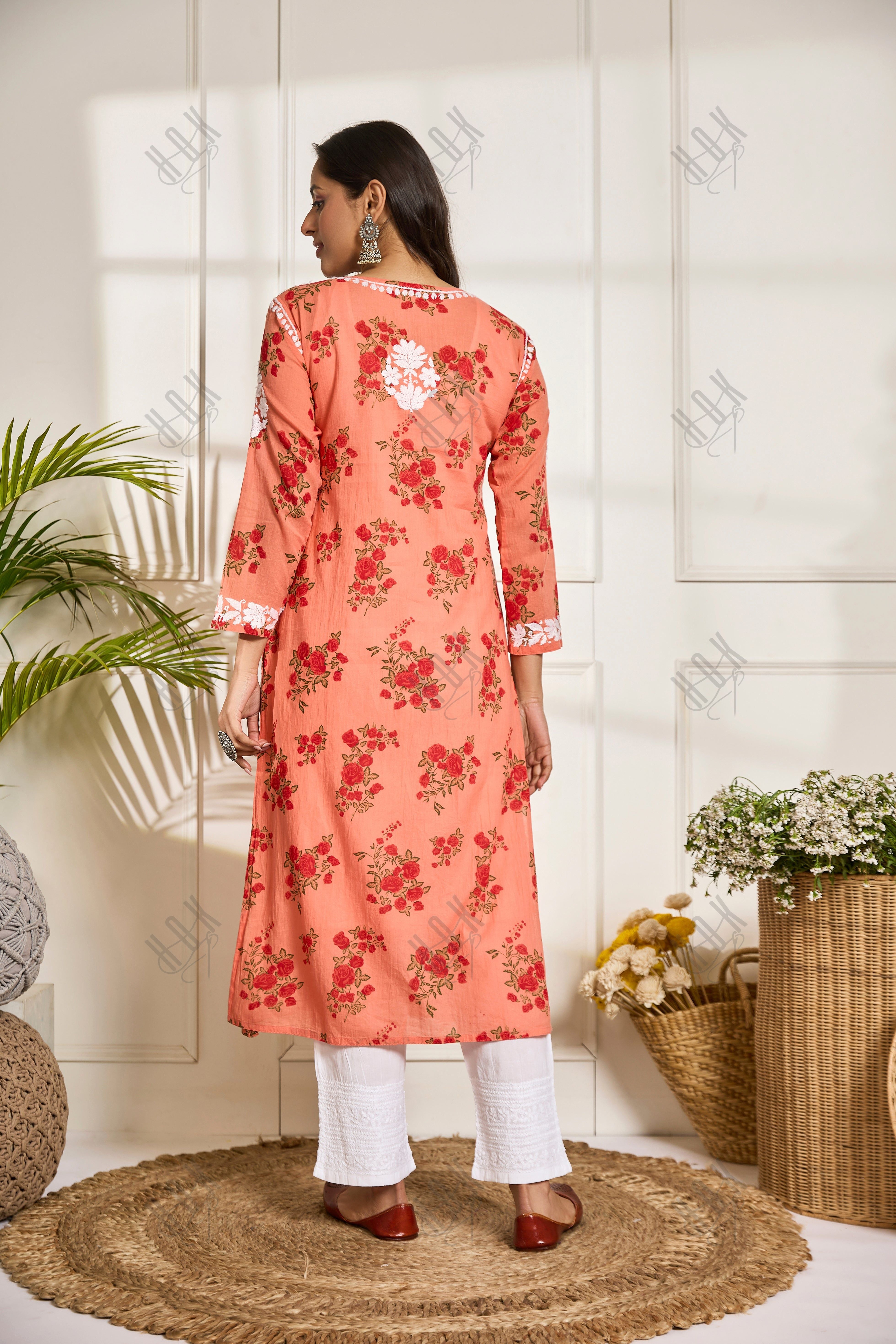 Saba Chikankari Kurta in Mul cotton in Orange