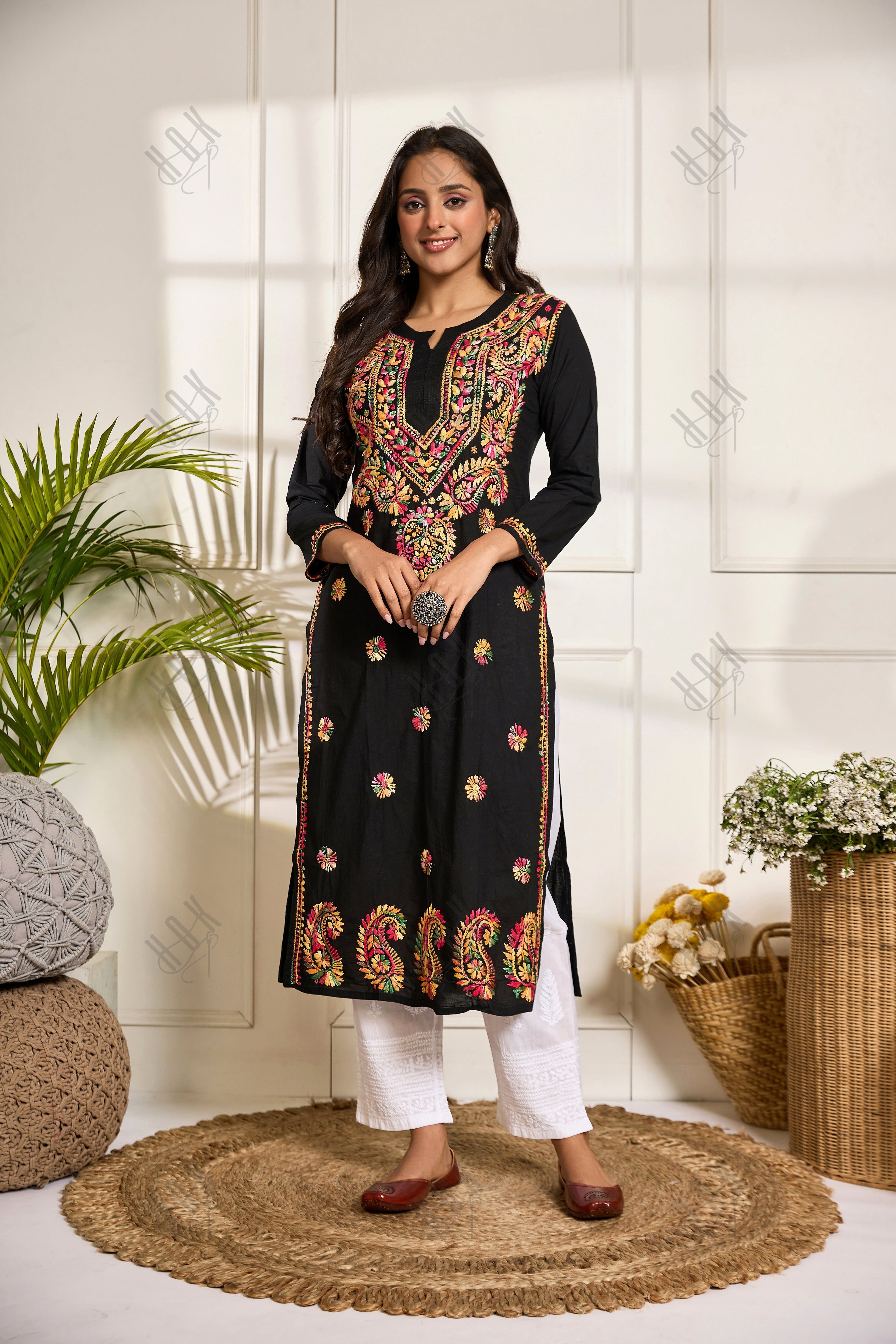 Saba Chikankari Long Kurta in Cotton for Women - Black With Multicolour