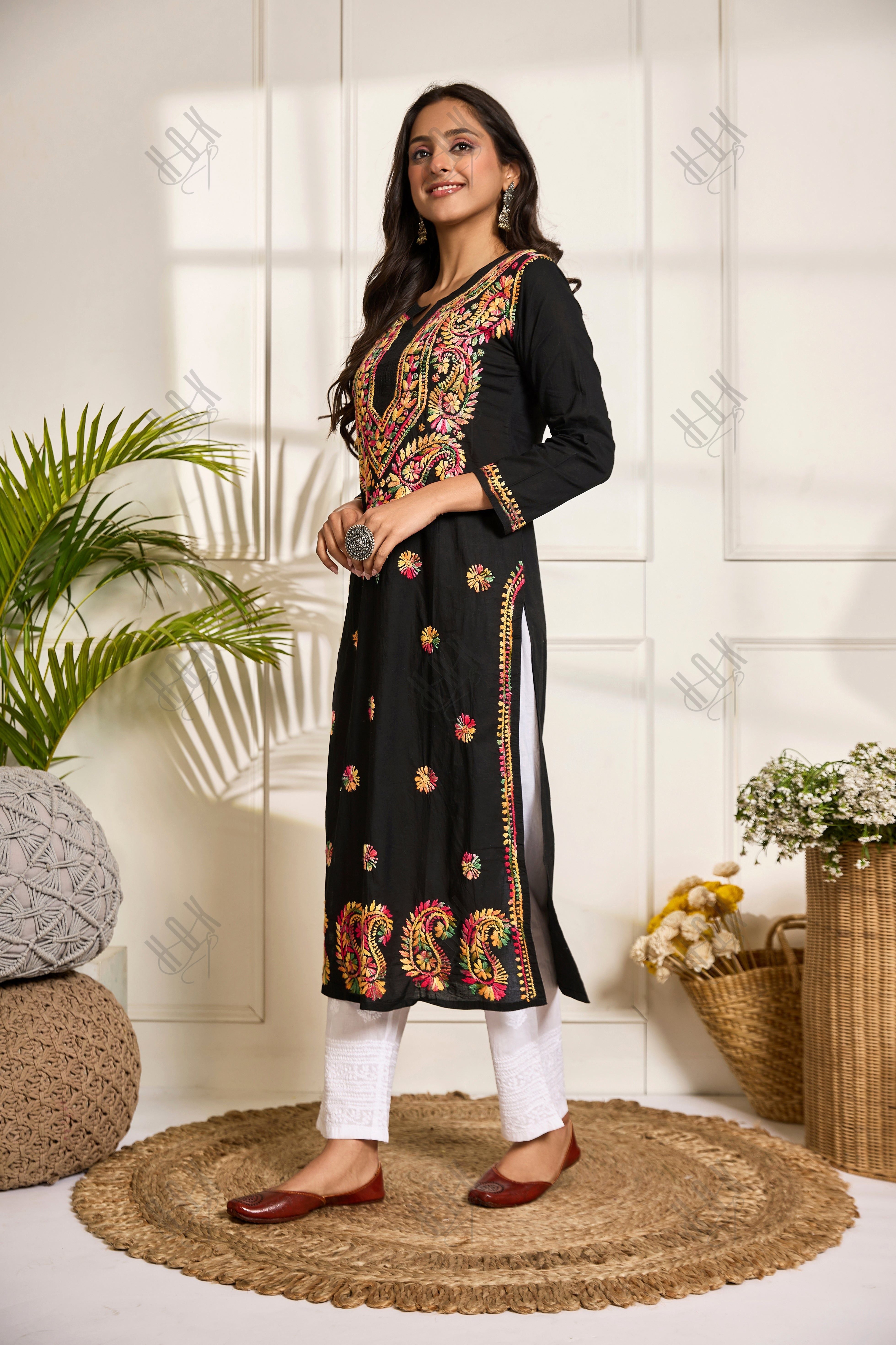 Saba Chikankari Long Kurta in Cotton for Women - Black With Multicolour