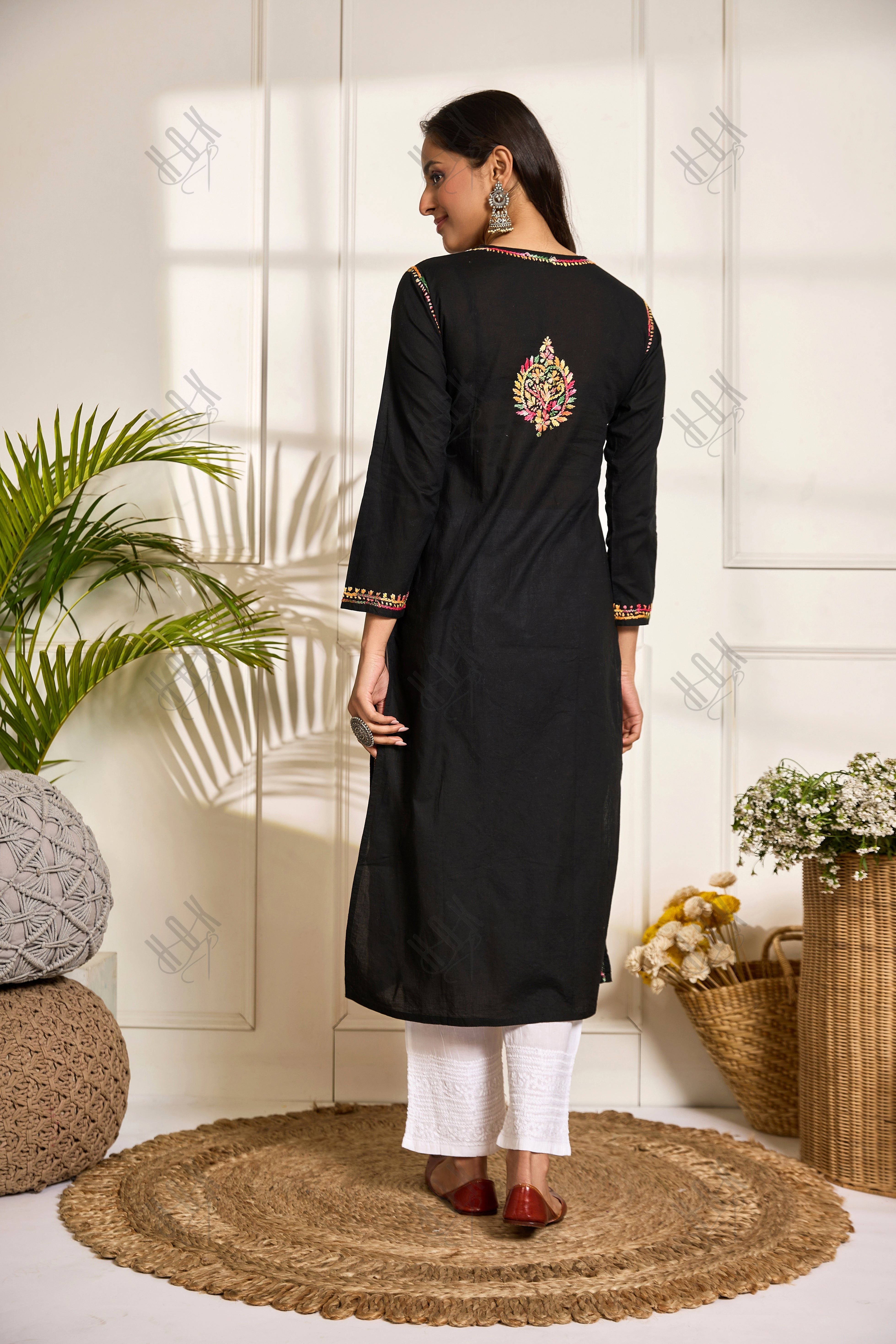 Saba Chikankari Long Kurta in Cotton for Women - Black With Multicolour