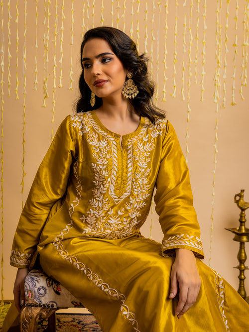 Load image into Gallery viewer, Fizaa&amp;#39;s Silk Chikankari Kurta Set for Women - Mustard Yellow
