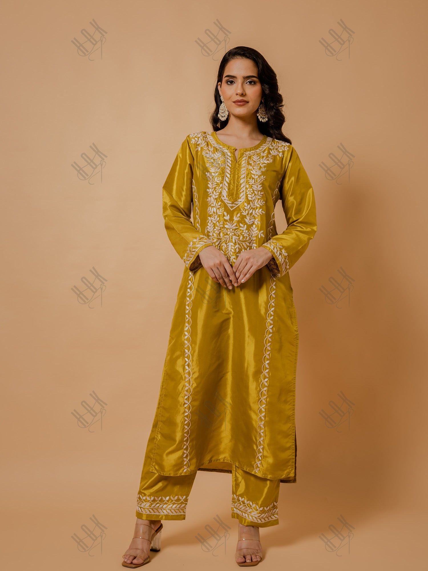 Saba Silk Chikankari Kurta Set for Women - Mustard Yellow