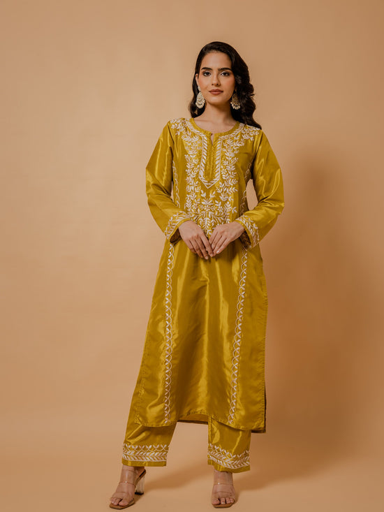 Urmi in Silk Chikankari Kurta Set for Women - Mustard Yellow