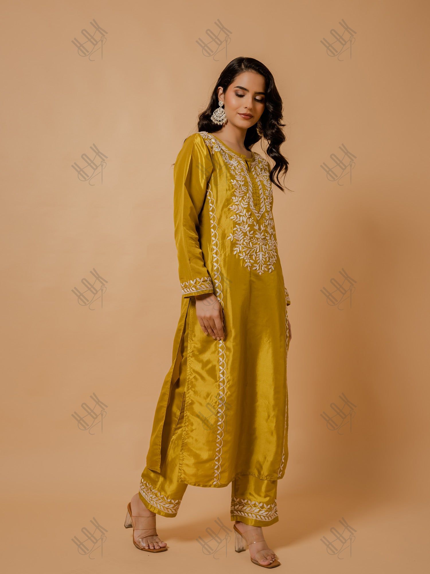 Saba Silk Chikankari Kurta Set for Women - Mustard Yellow