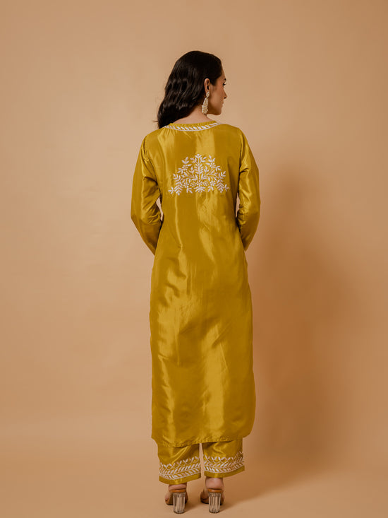 Load image into Gallery viewer, Fizaa&amp;#39;s Silk Chikankari Kurta Set for Women - Mustard Yellow
