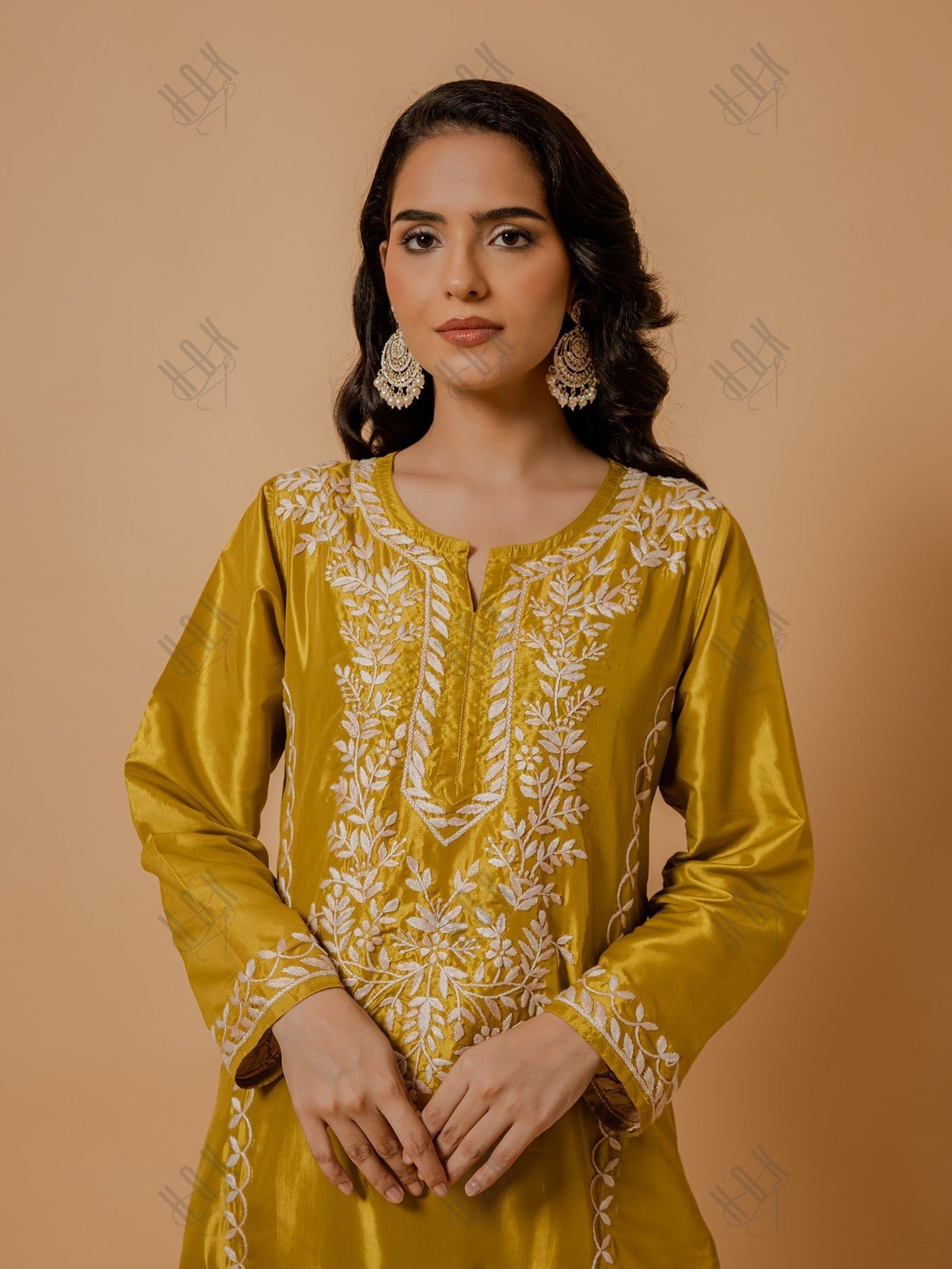 Urmi in Silk Chikankari Kurta Set for Women - Mustard Yellow