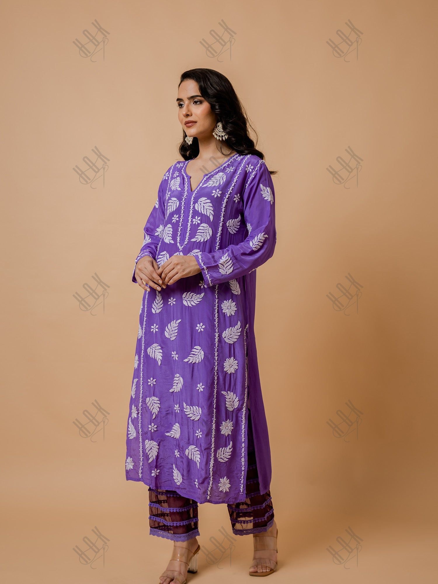 Fizaa Chikankari Crepe Silk Kurta for Women in Purple Notch Neck