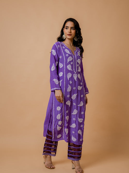 Sakshi Sindhwani Chikankari Crepe Silk Kurta for Women in Purple Notch Neck