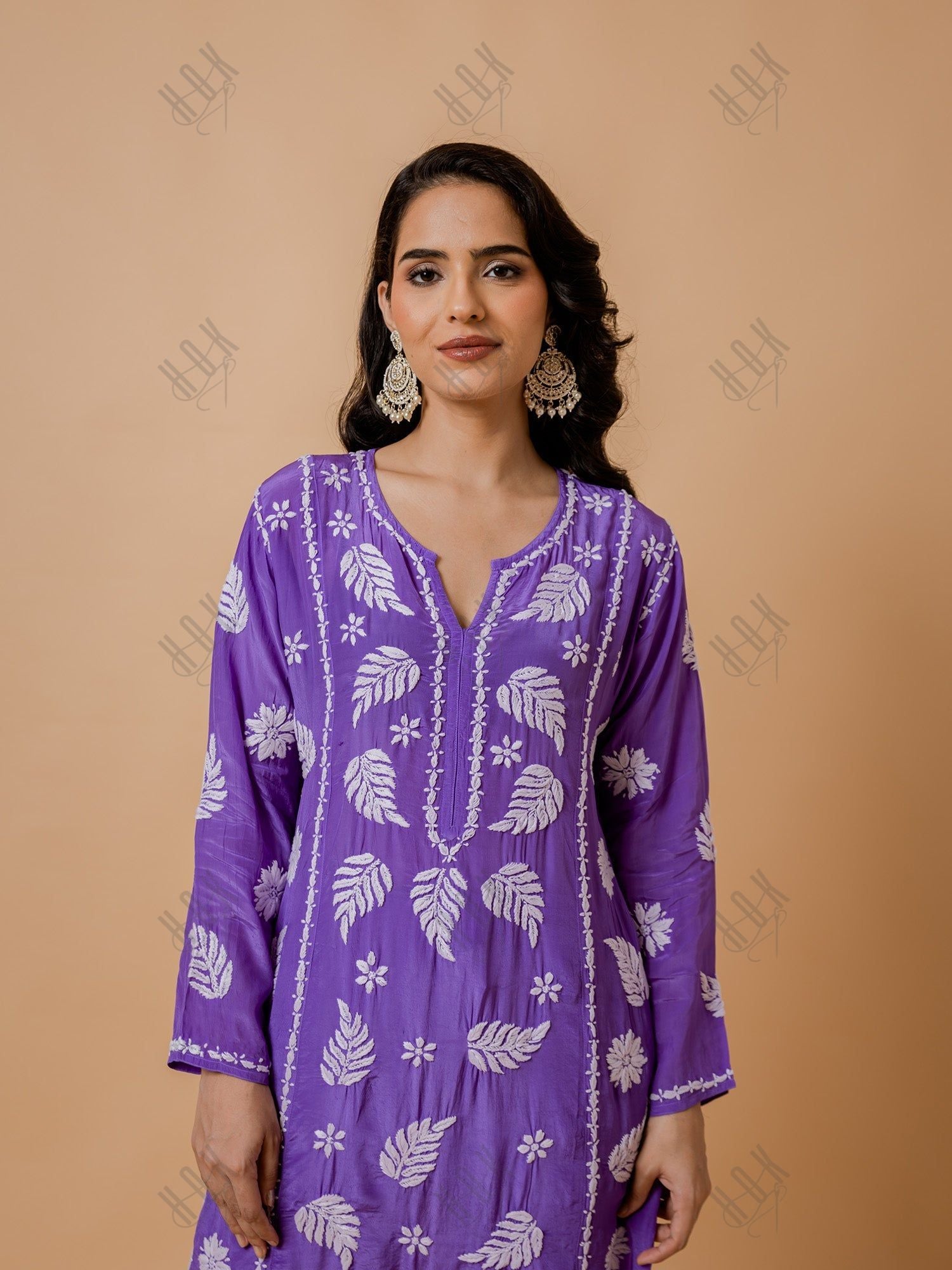 Sakshi Sindhwani Chikankari Crepe Silk Kurta for Women in Purple Notch Neck