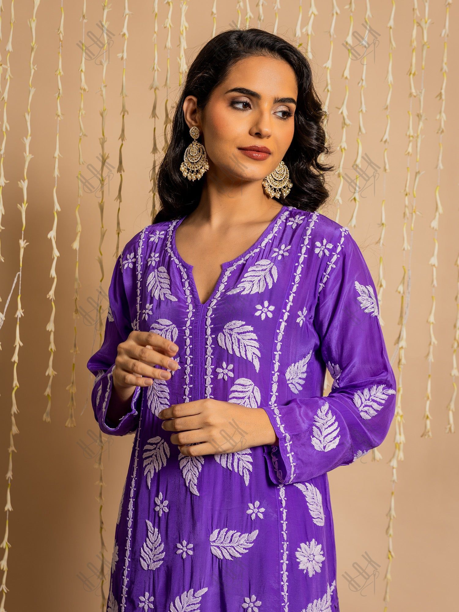 Fizaa Chikankari Crepe Silk Kurta for Women in Purple Notch Neck