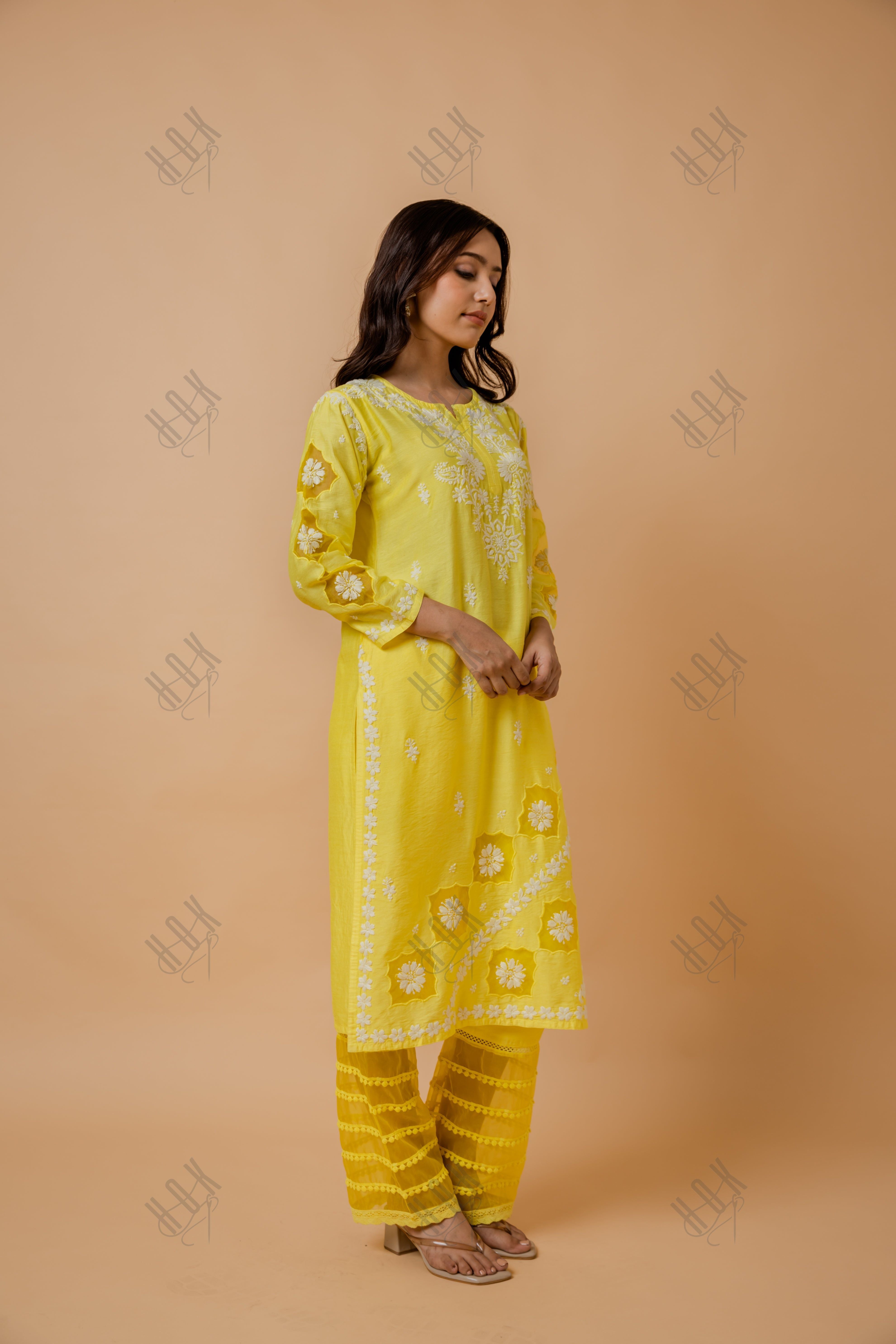 Fizaa Yellow Chikankari Chanderi Silk Kurta