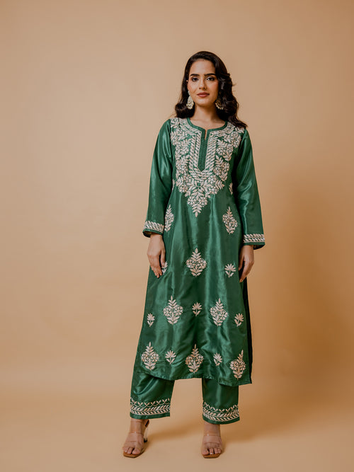 Load image into Gallery viewer, Fizaa&amp;#39;s Silk Chikankari Kurta Set for Women - Mehndi Green
