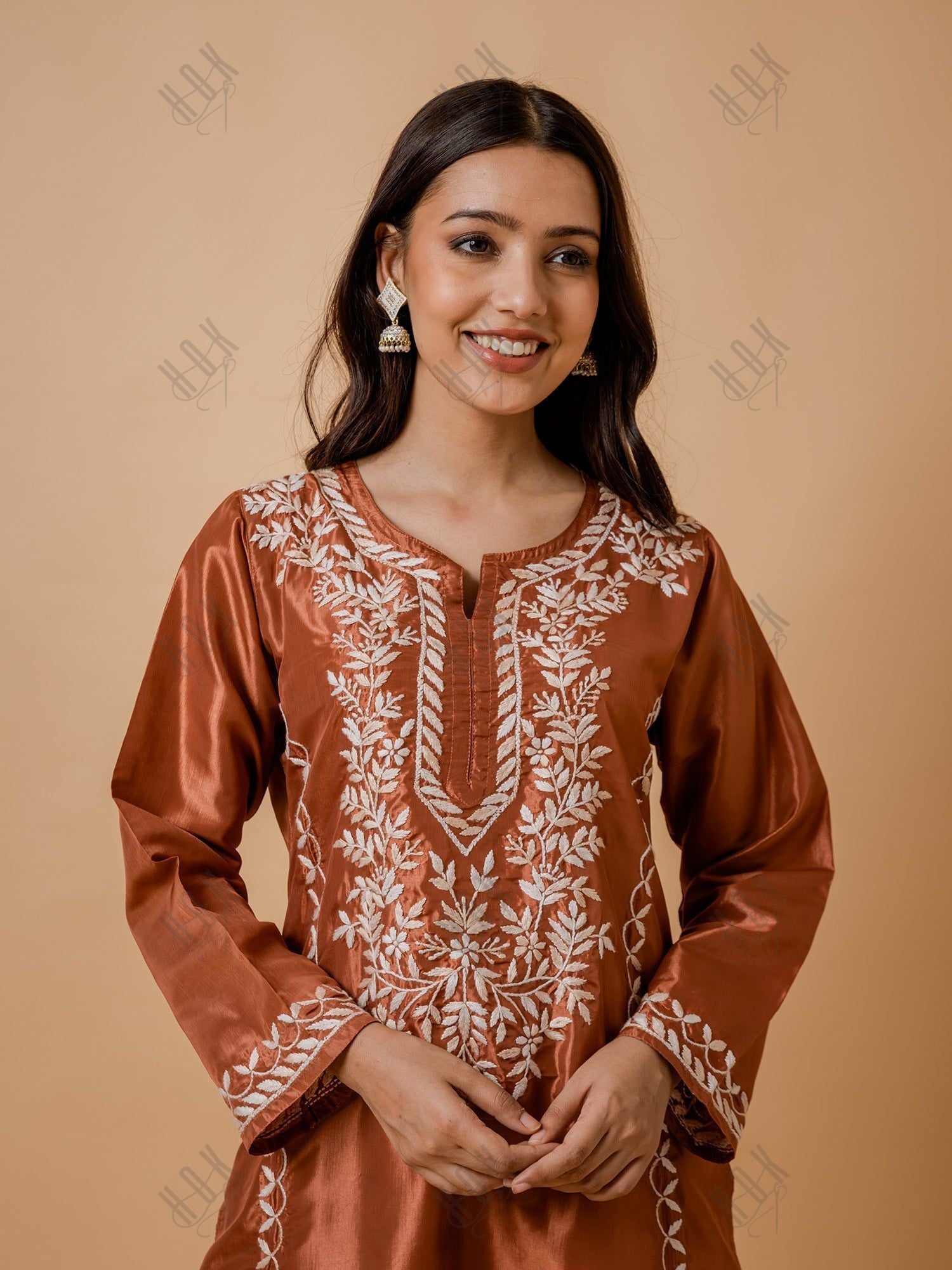 Kajal in Silk Chikankari Kurta Set for Women - Copper Brown