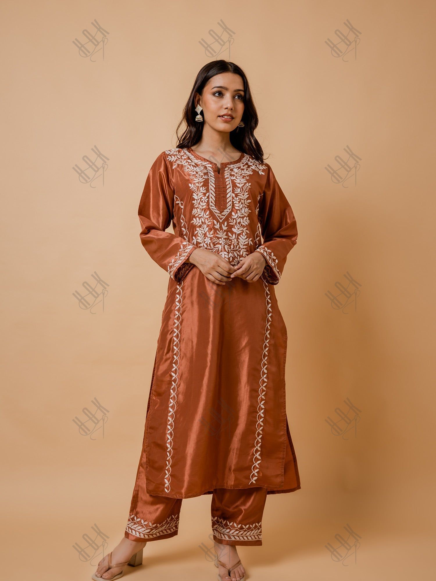 Kajal in Silk Chikankari Kurta Set for Women - Copper Brown