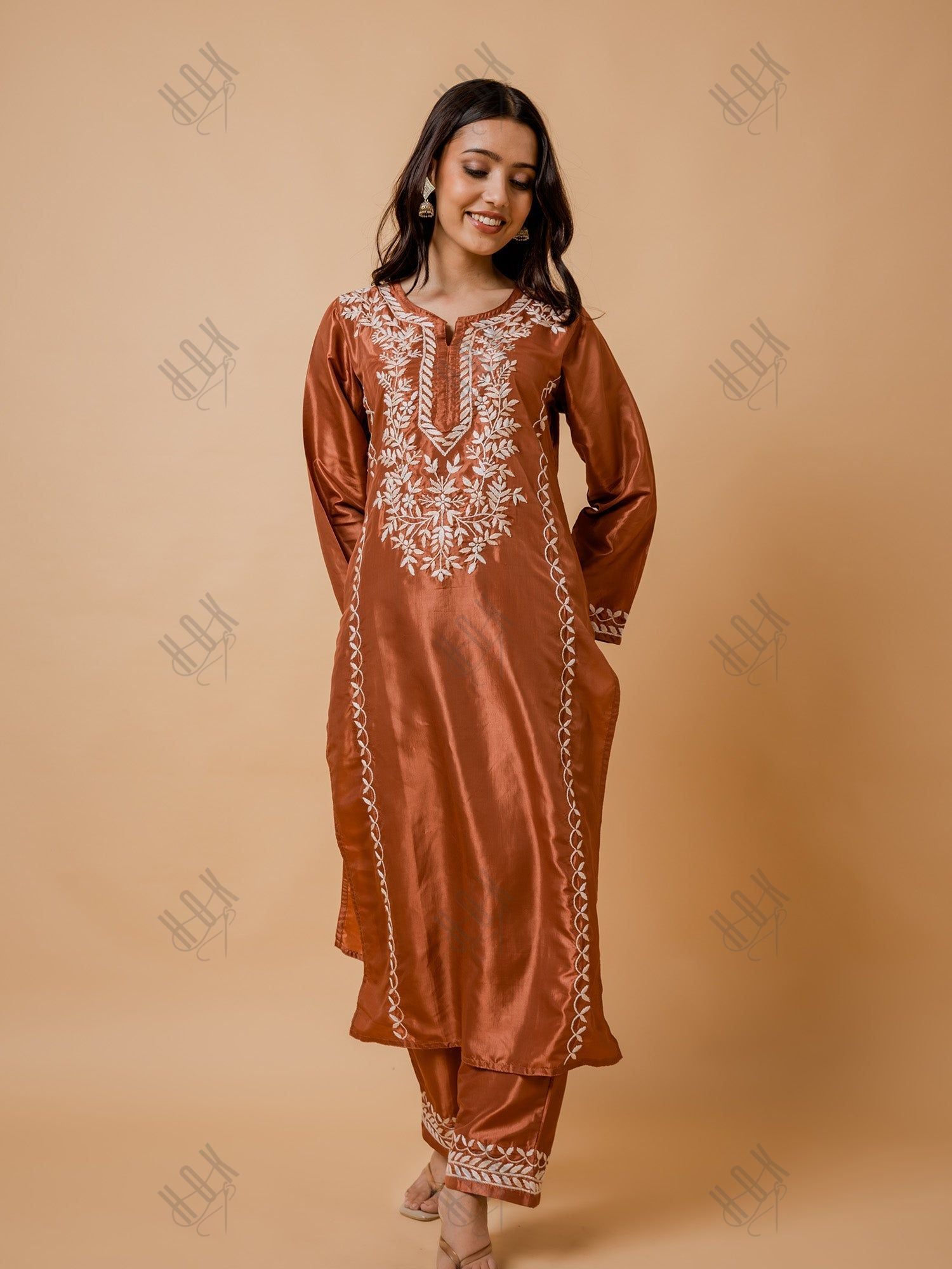 Kajal in Silk Chikankari Kurta Set for Women - Copper Brown