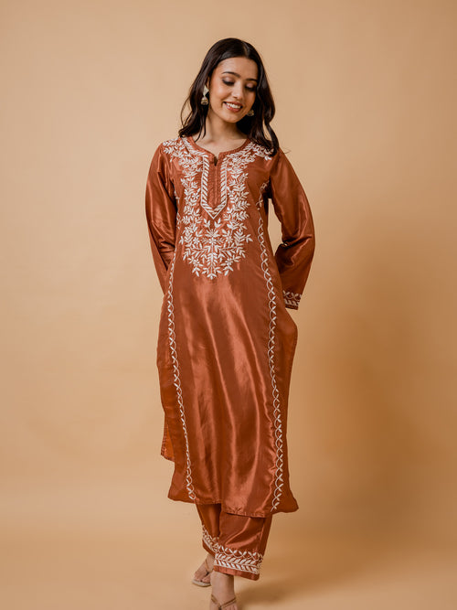 Fizaa's Silk Chikankari Kurta Set for Women - Copper Brown