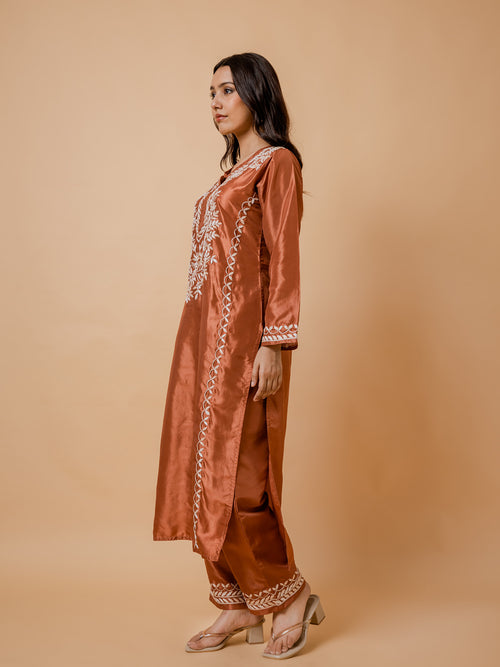 Saba Silk Chikankari Kurta Set for Women - Copper Brown