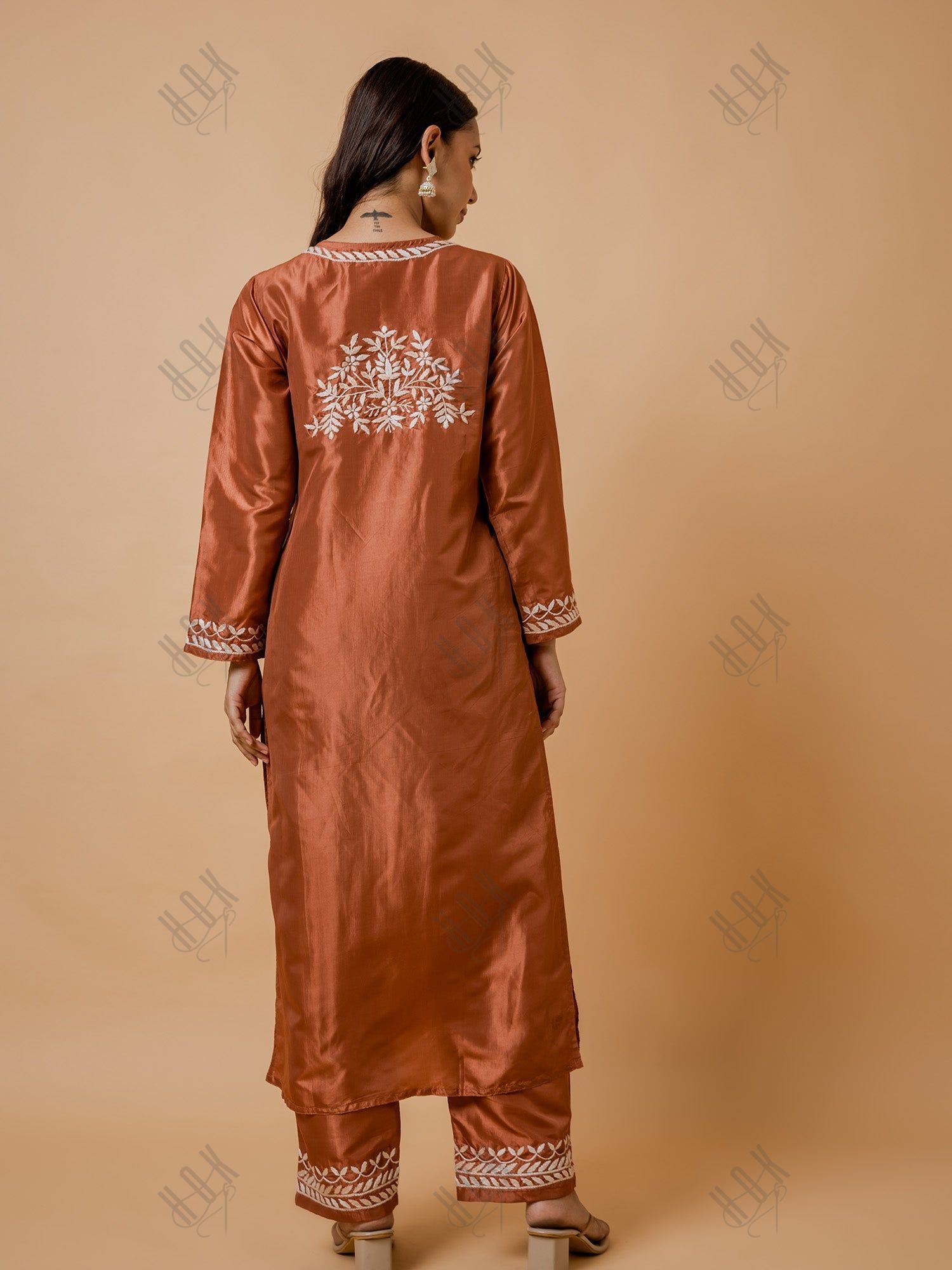 Kajal in Silk Chikankari Kurta Set for Women - Copper Brown