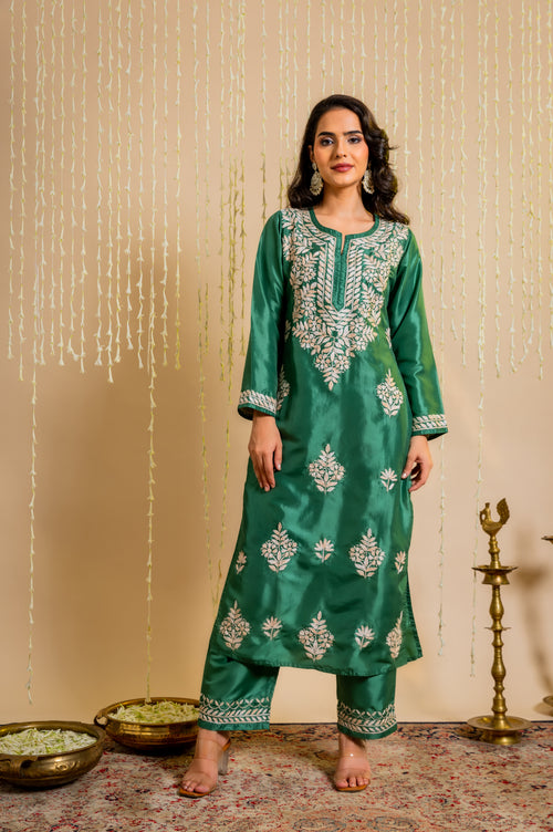 Fizaa's Silk Chikankari Kurta Set for Women - Mehndi Green