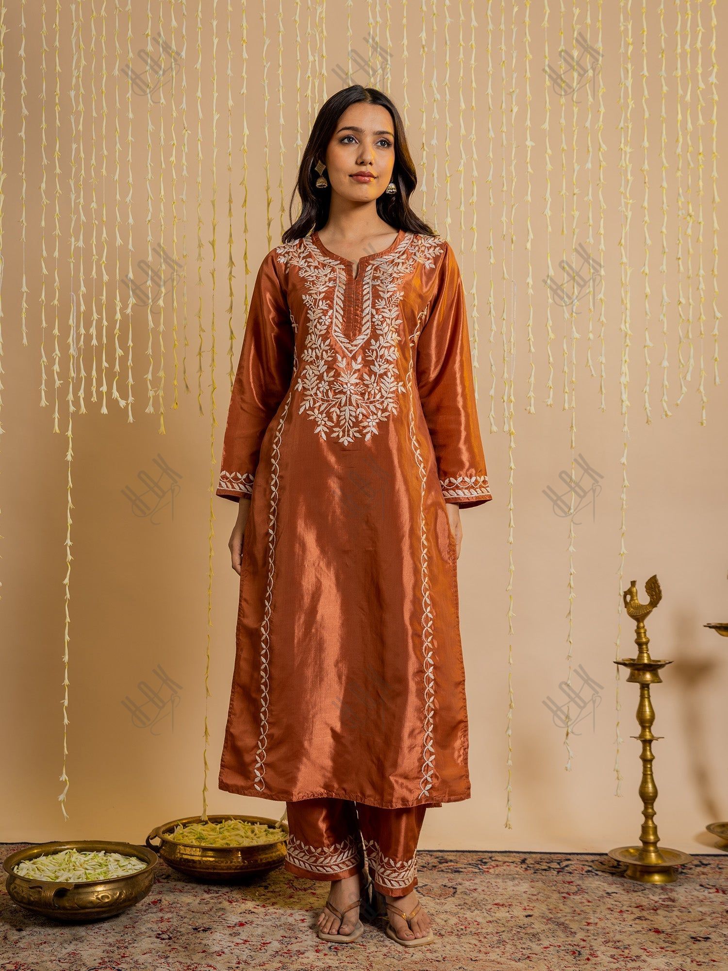 Kajal in Silk Chikankari Kurta Set for Women - Copper Brown