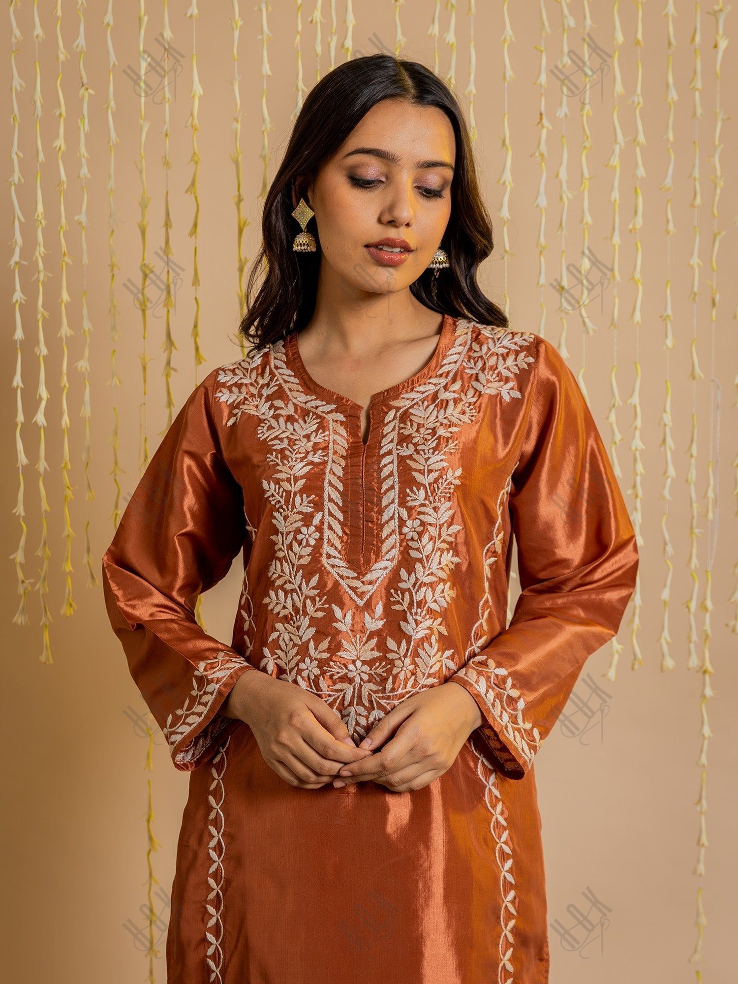 Kajal in Silk Chikankari Kurta Set for Women - Copper Brown