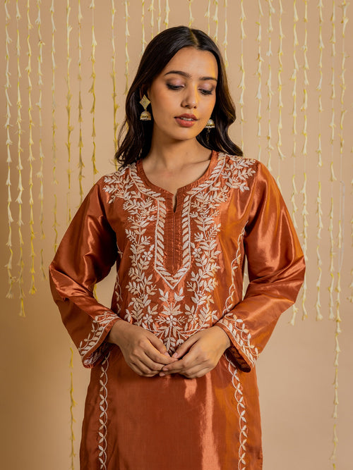 Load image into Gallery viewer, Kajal in Silk Chikankari Kurta Set for Women - Copper Brown
