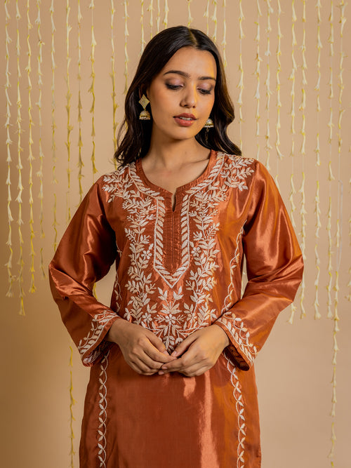 Fizaa's Silk Chikankari Kurta Set for Women - Copper Brown