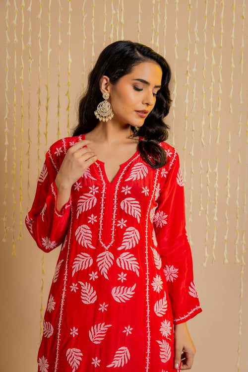 Load image into Gallery viewer, Fizaa Chikankari Crepe Silk Kurta for Women in Red Notch Neck
