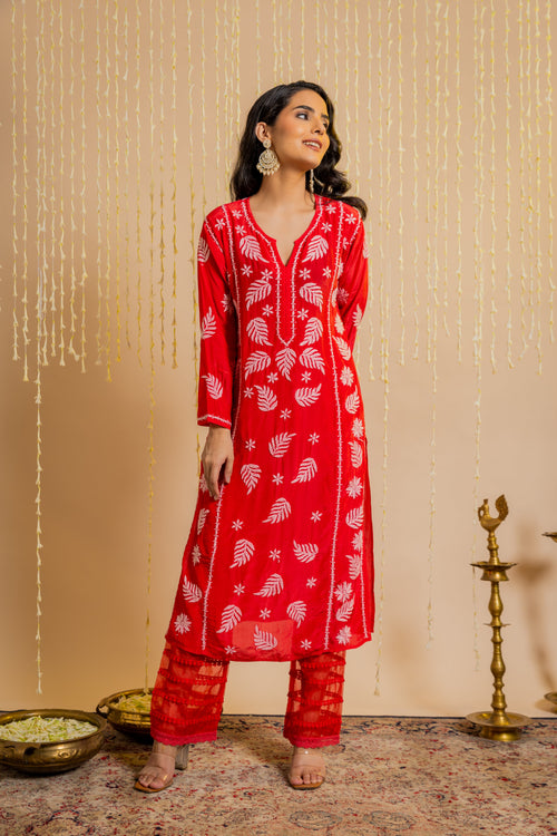 Sanya in Chikankari Crepe Silk Kurta for Women in Red Notch Neck