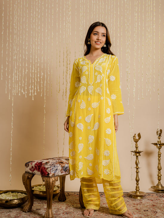 Load image into Gallery viewer, Fizaa Chikankari Crepe Silk Kurta for Women in Yellow Notch Neck
