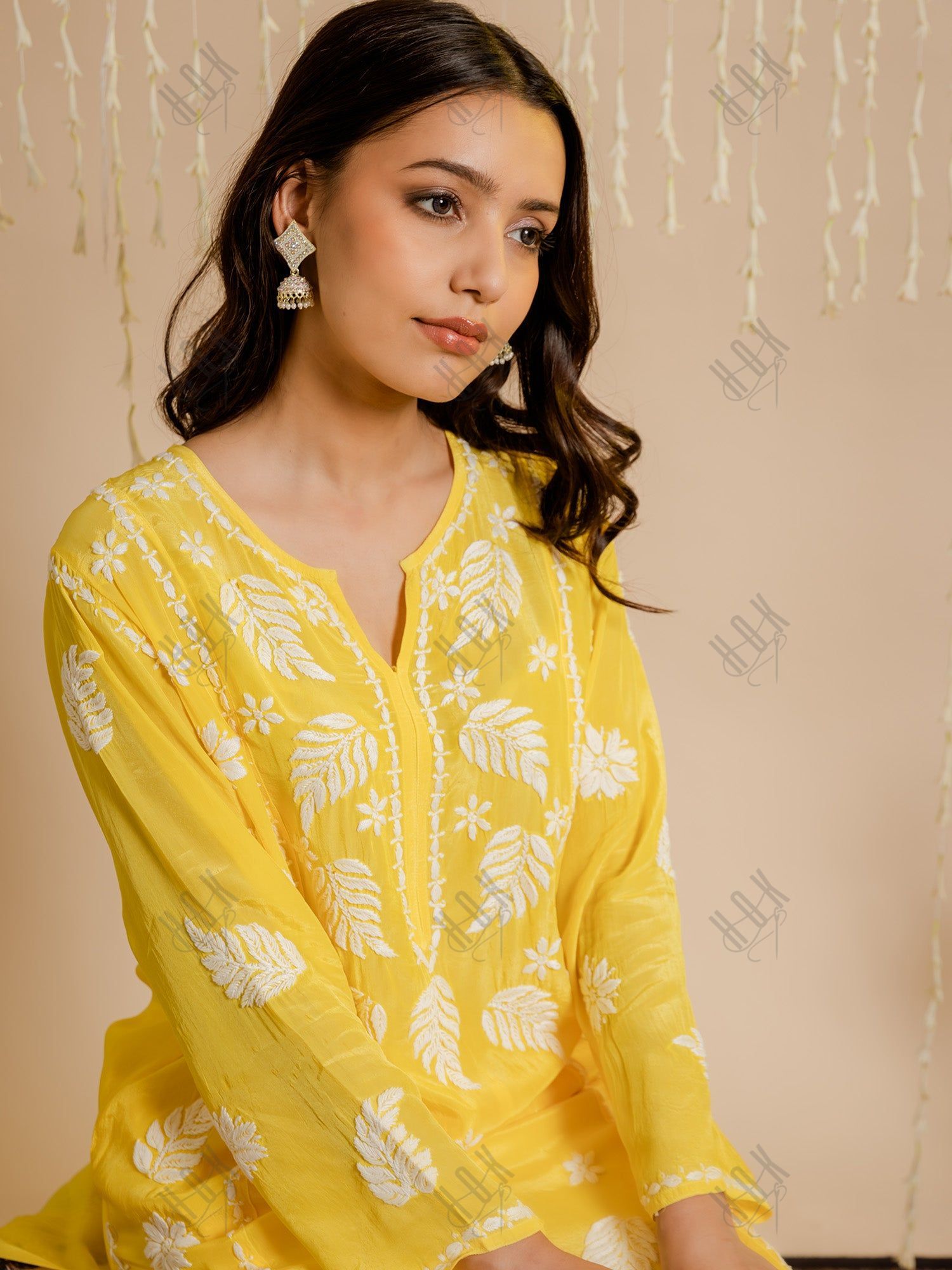 Fizaa Chikankari Crepe Silk Kurta Set for Women in Yellow