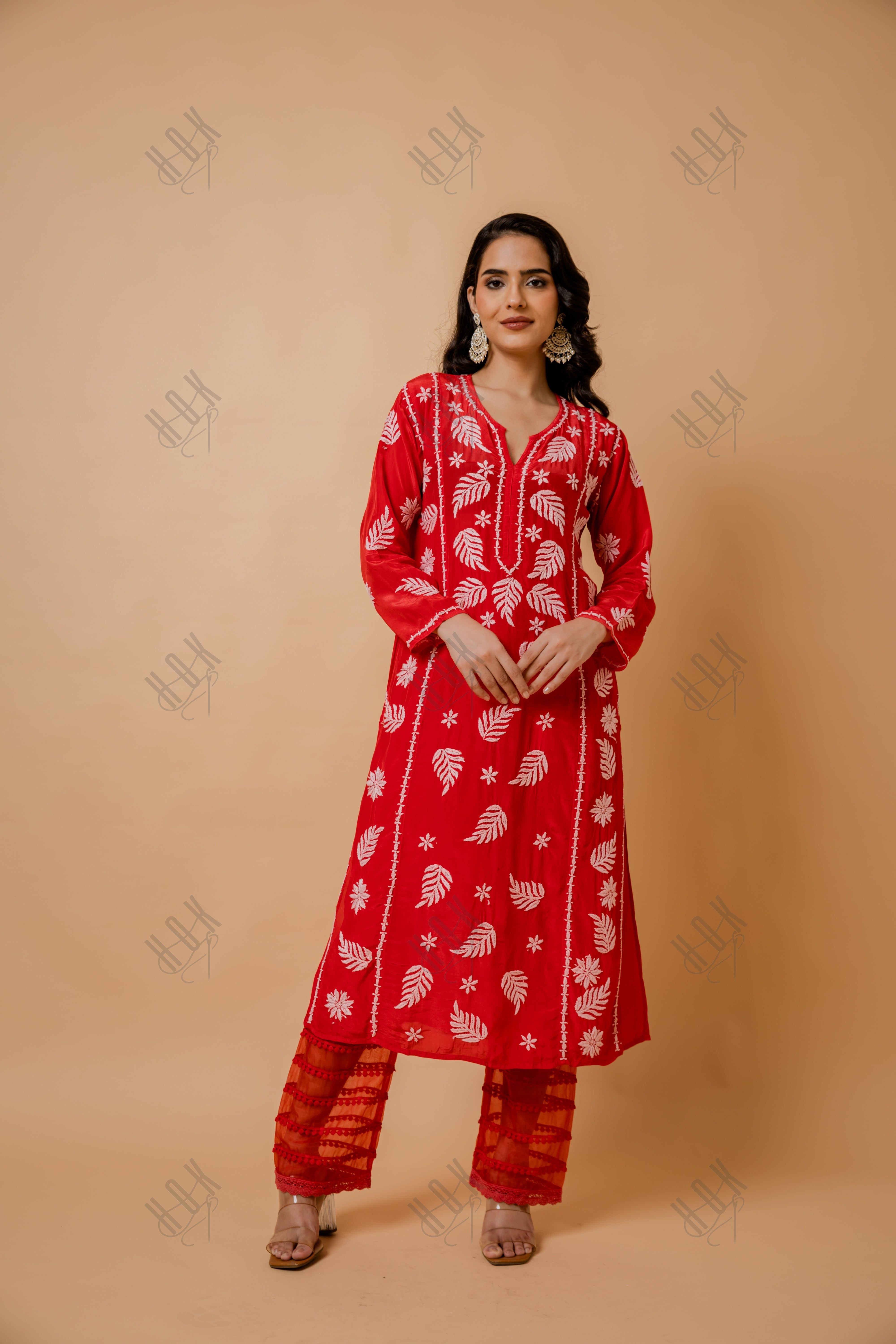 Fizaa Chikankari Crepe Silk Kurta for Women in Red Notch Neck