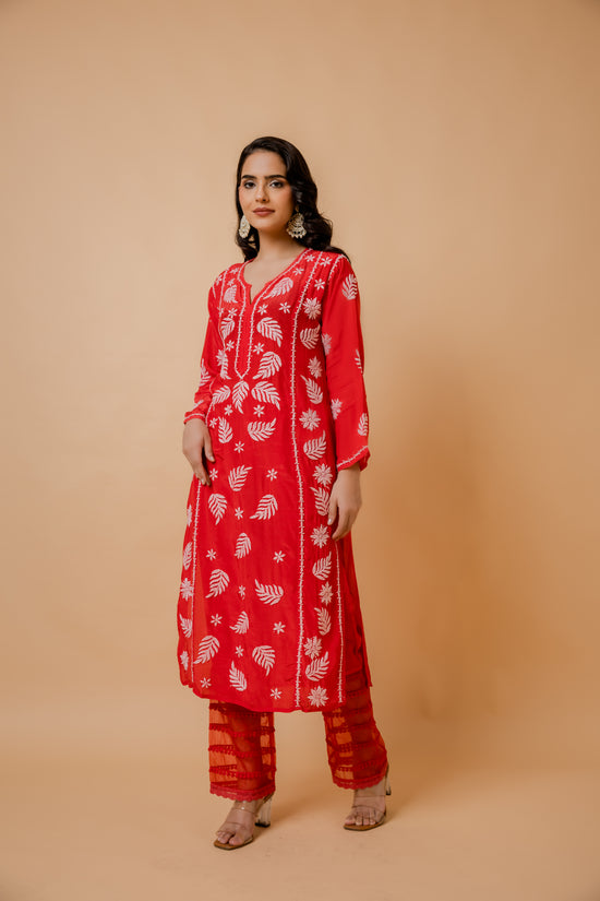 Fizaa Chikankari Crepe Silk Kurta for Women in Red Notch Neck